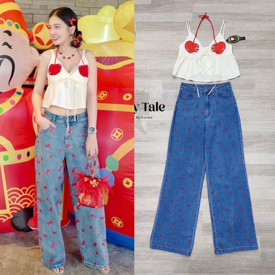 Set 🍒เชอรี่มาแล้ววว เสื้อสายเดี่ยวเชอรี่ผูกคอ ด้านหลังเป็นซิปนะคะ ตัวเสื้อสีครีม แมตกางเกงยีนขายาวสีฟอกผ้าพิมพ์ลายเชอรี่ ใส่สบาย : สินค้าคุณภาพ (พร้อมส่ง)