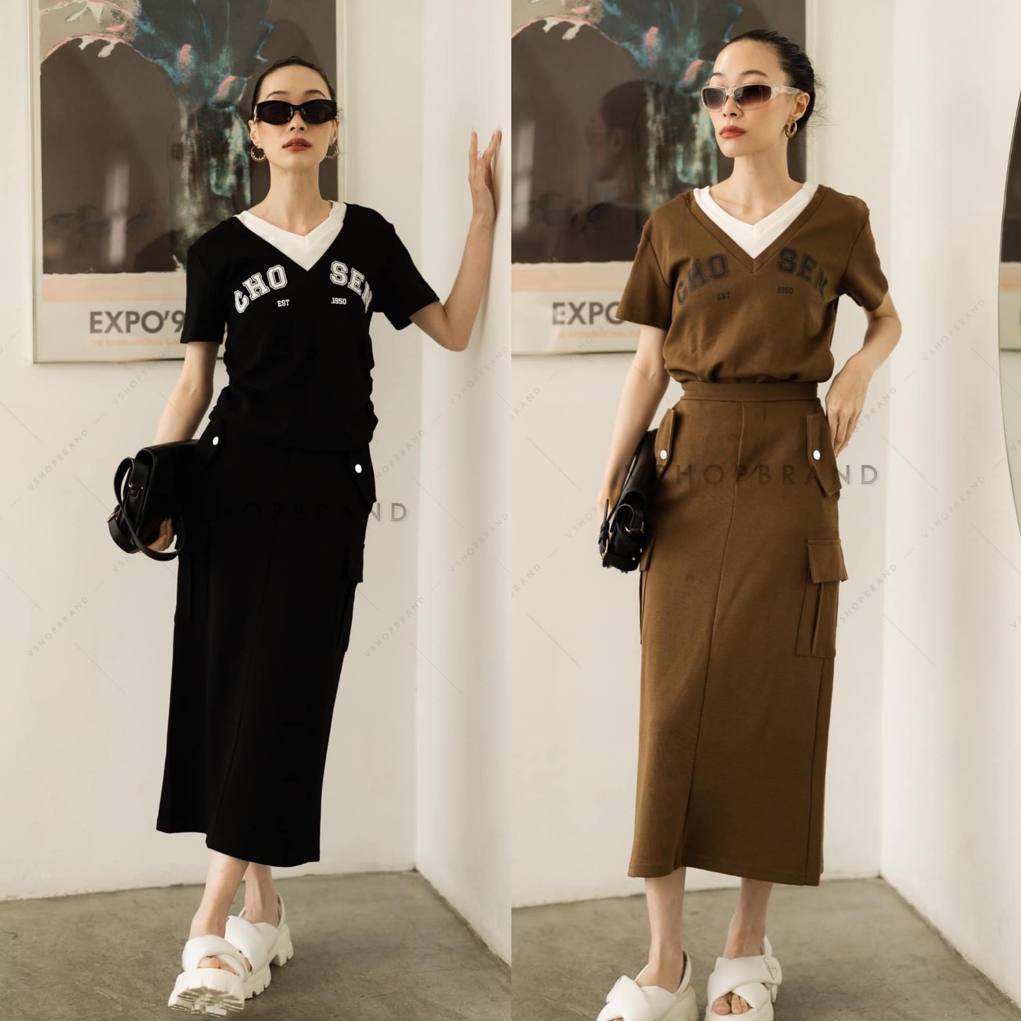 SET เสื้อคอวีแต่งขอบคอทูโทน + กระโปรงยาว สินค้าคุณภาพ (พร้อมส่ง)