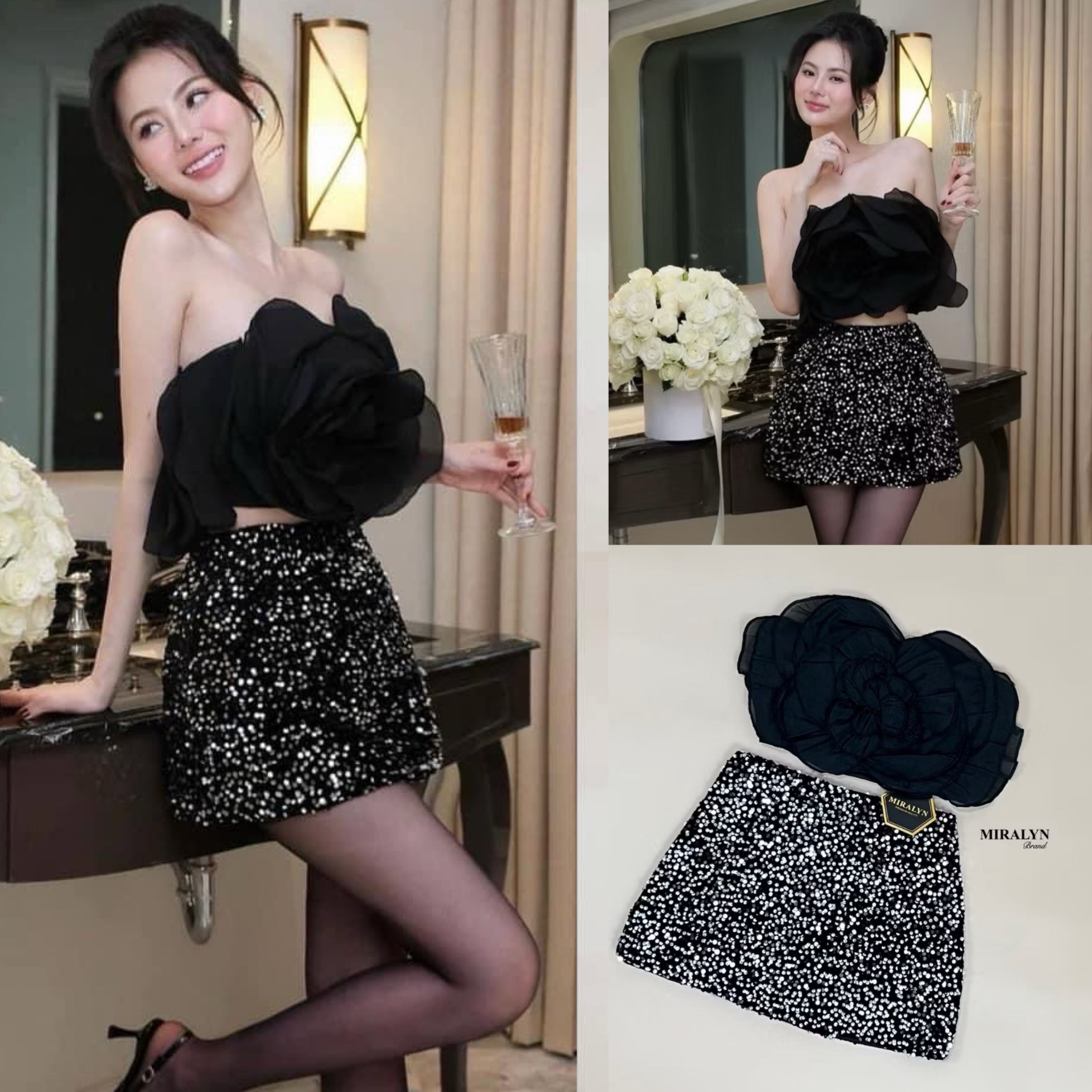 Set 2 ชิ้น เกาะอกแต่งดอกไม้งานแต่งเย็บของช่อละเอียดมากๆมีฟองน้ำเสริมพร้อมทั้งแต่งระบายหลังชุดมาพร้อมกระโปรงแต่งวิ้งผ้ากำมะหยี่เข้ากันแบบสุดๆงานมีซับในกางเกงนะคะ ใส่สบาย : สินค้าคุณภาพ (พร้อมส่ง)