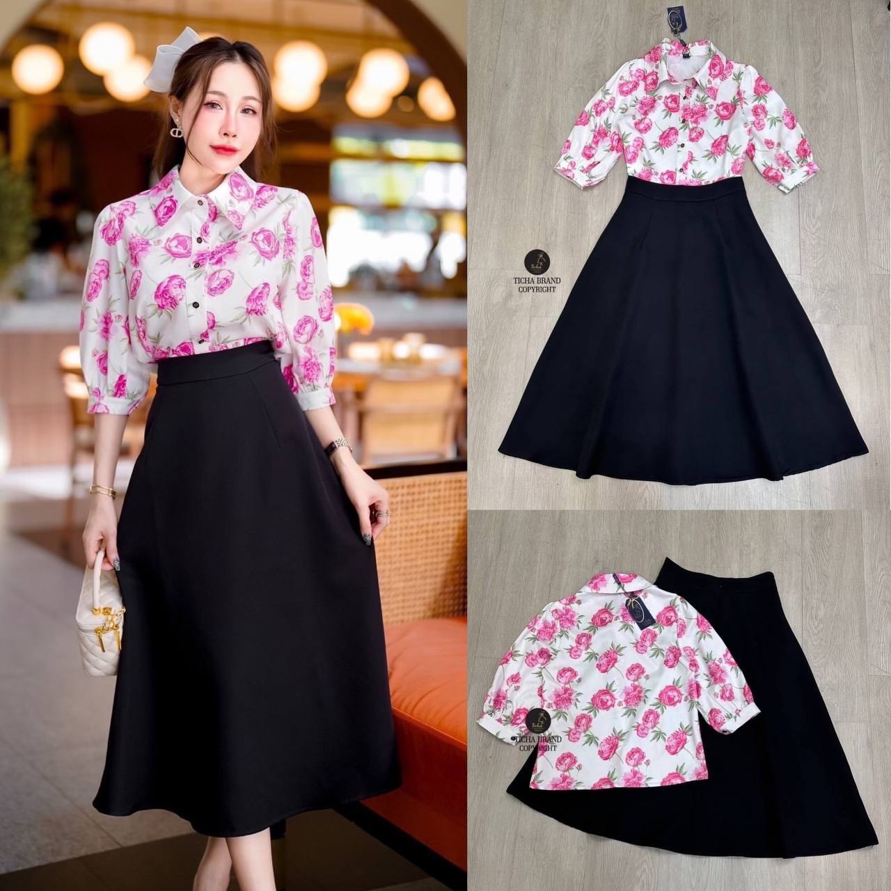 Set 2ชิ้น เสื้อเชิ้ตคอปกแขนศอก งานพิมพ์ลายดอกไม้ชมพู ด้านหน้ามีกระดุมเรียงยาว ใช้งานได้จริง มาคู่กับกระโปรงยาวสีดำทรงเอง ผ้าอัดกาวนิ่ม(ซิปหลัง) ใส่สบาย สินค้าคุณภาพ (พร้อมส่ง)