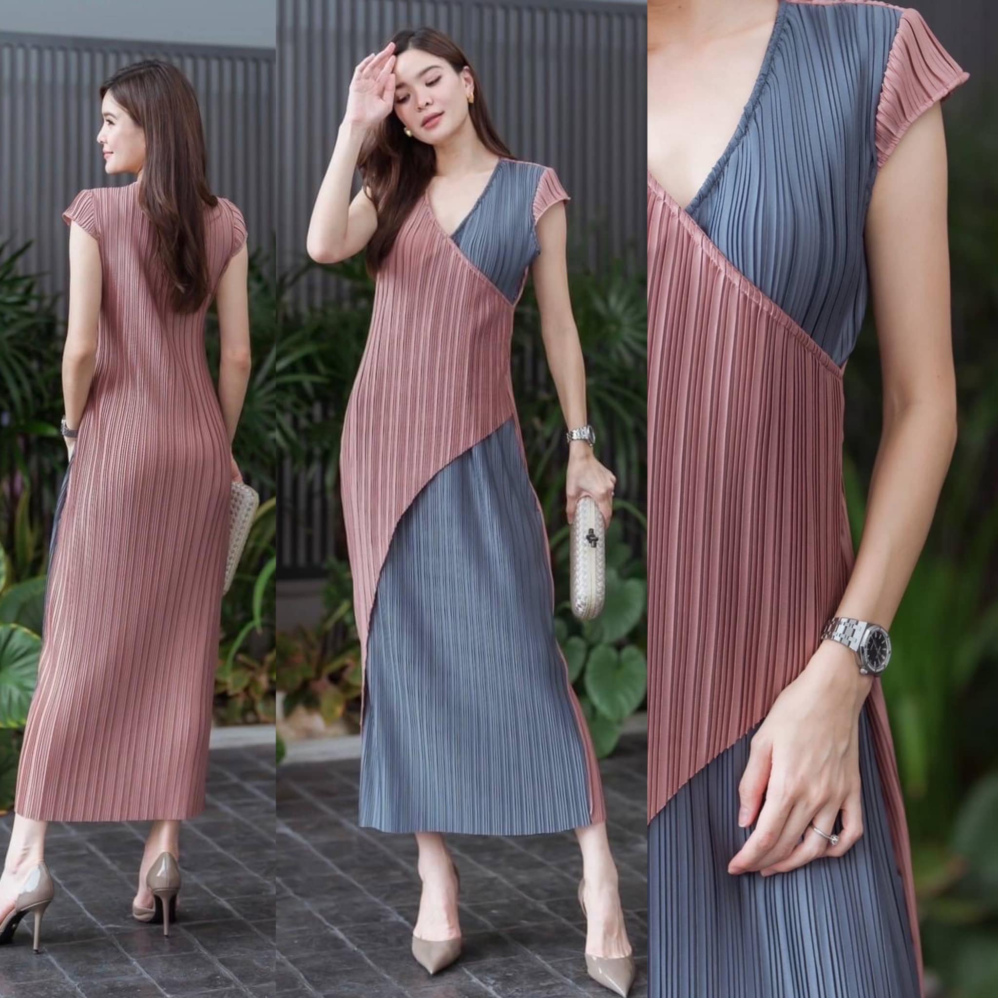 เดรสอัดพลีสแขนครอปตุ๊กตา ทรงคอวี ผ่าด้านข้างเล็กๆ เพิ่มความแซ่บ ทรงสวยมากกก ใส่สบาย สินค้าคุณภาพ (พร้อมส่ง)