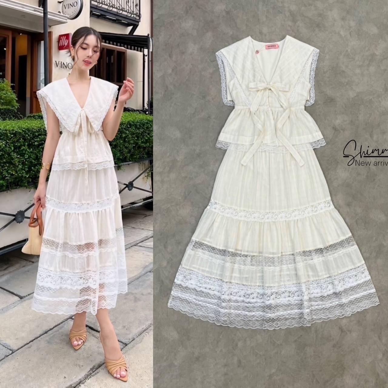 เซตเสื้อคอวีปกกะลาสีแต่งด้วยเชิงลูกไม้ คู่กับกระโปรงตัดต่อเชิงลูกไม้ ใส่สบาย สินค้าคุณภาพ (พร้อมส่ง)