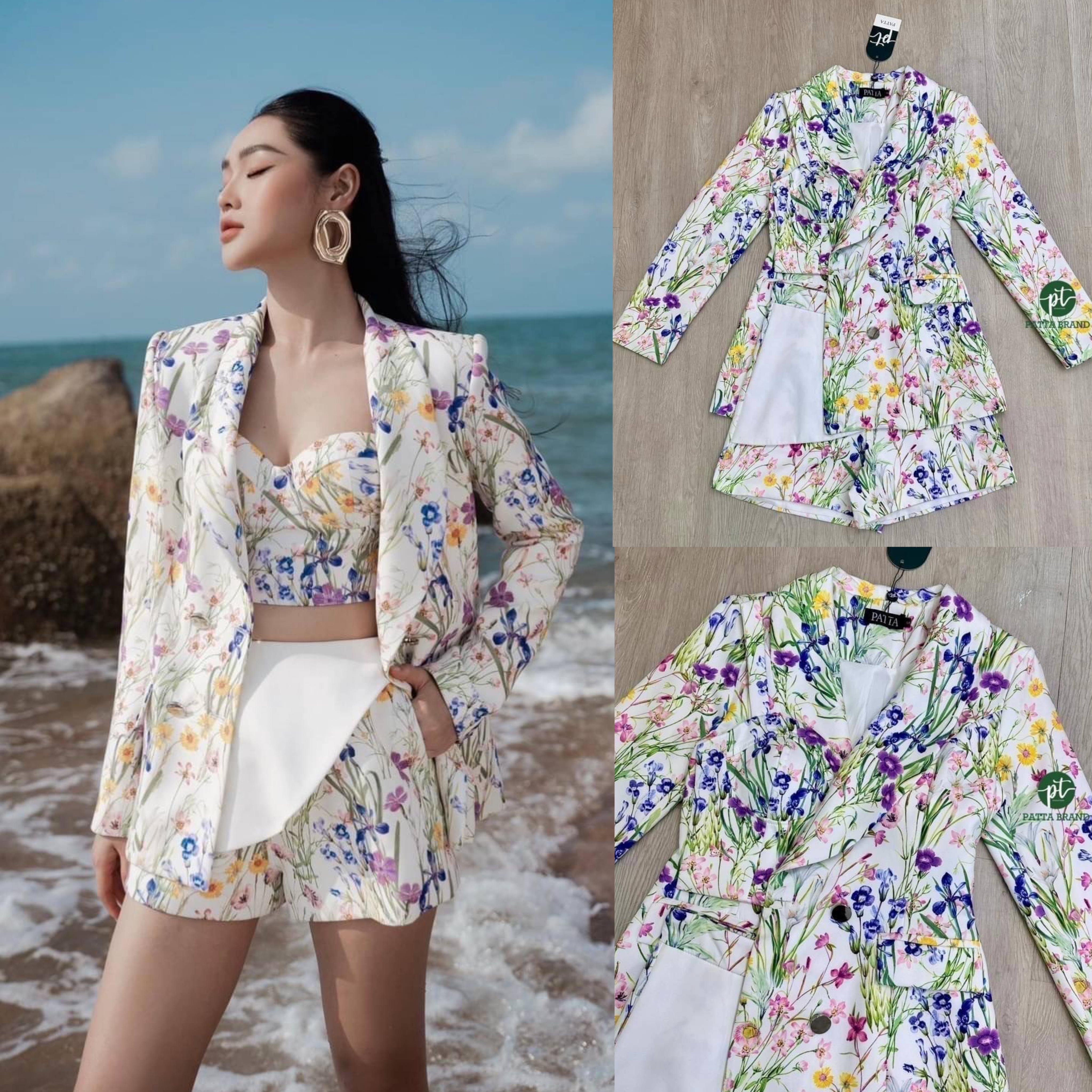 Setสูท3ชิ้นพิมพ์ลายดอกไม้สีสัน เสื้อคลุมสูทแขนยาวคอปกไหล่เย็บเสริม +เสื้อครอปตัวสั้นสายเดี่ยวอกเย็บเสริมฟองน้ำ มาคู่กางเกงขาสั้นพิมพ์ลายเดียวกัน สินค้าคุณภาพ (พร้อมส่ง)