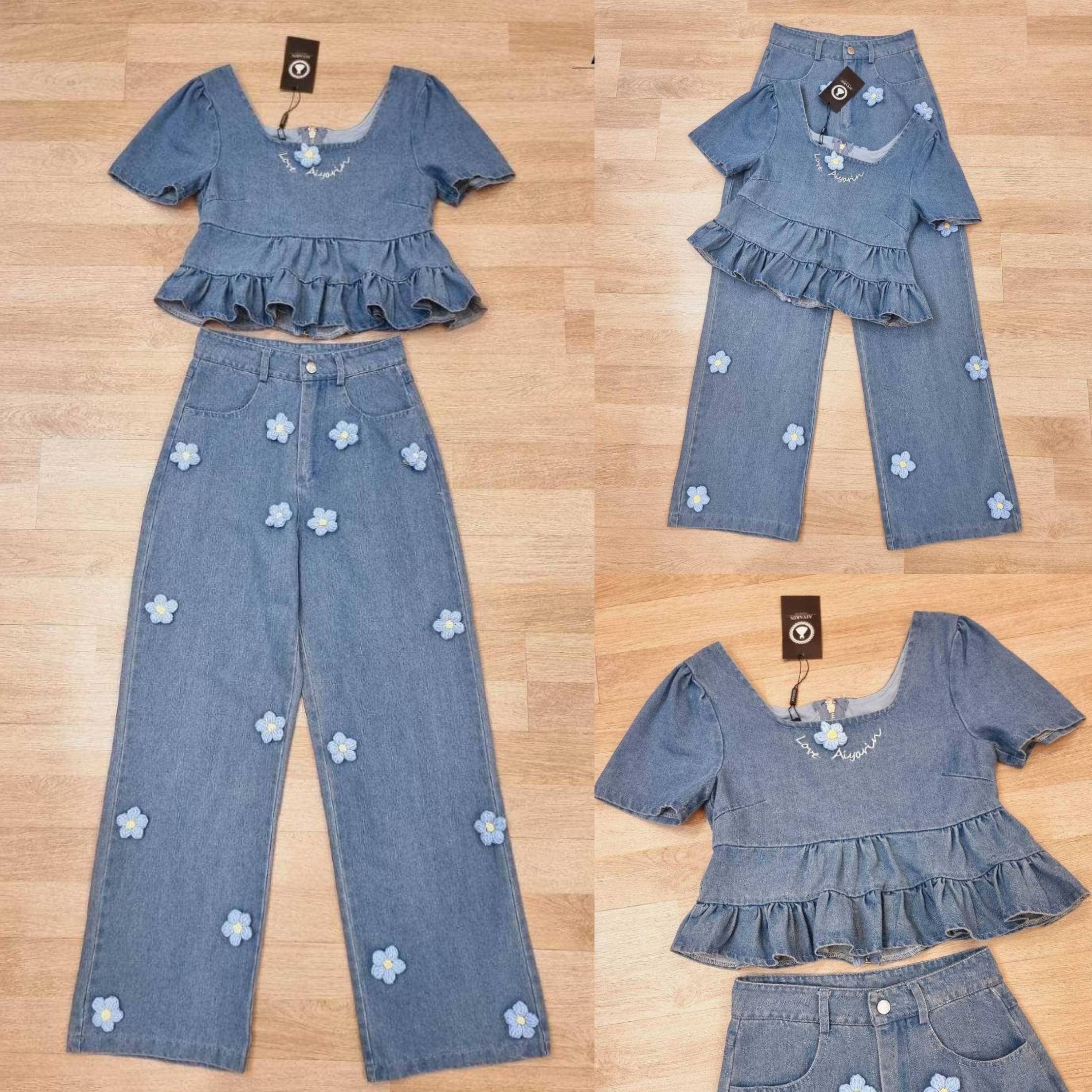 set เสื้อยีน+ กางเกงขายาว เสื้อยีนระบายตรงชายเสื้อมีซิปด้านหลังสวมใส่ง่ายมาพร้อมกางเกงยีนมีดอกไม้ สินค้าคุณภาพ (พร้อมส่ง)