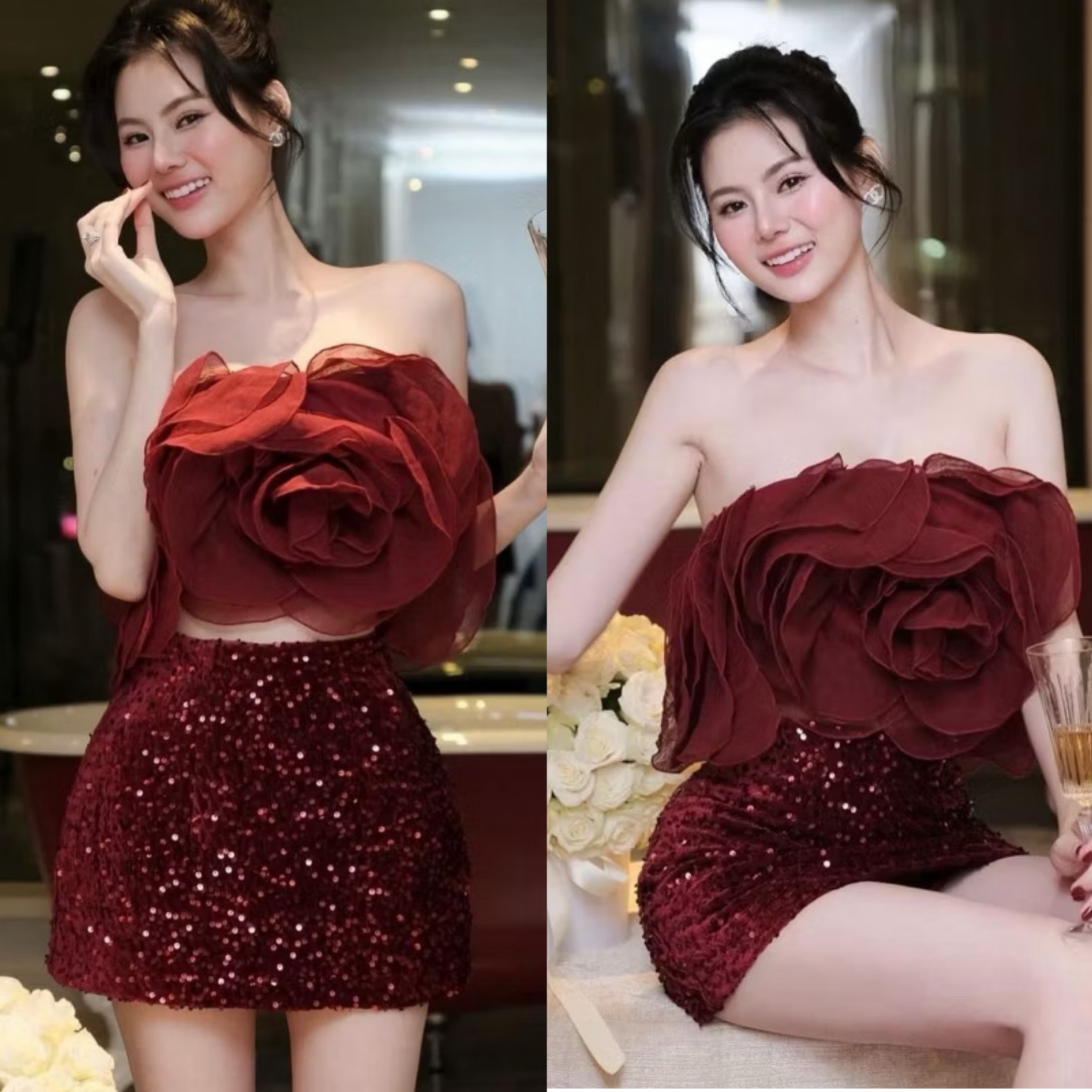 Set 2 ชิ้น เกาะอกแต่งดอกไม้งานแต่งเย็บของช่อละเอียดมากๆมีฟองน้ำเสริมพร้อมทั้งแต่งระบายหลังชุดมาพร้อมกระโปรงแต่งวิ้งผ้ากำมะหยี่เข้ากันแบบสุดๆงานมีซับในกางเกงนะคะ ใส่สบาย : สินค้าคุณภาพ (พร้อมส่ง)