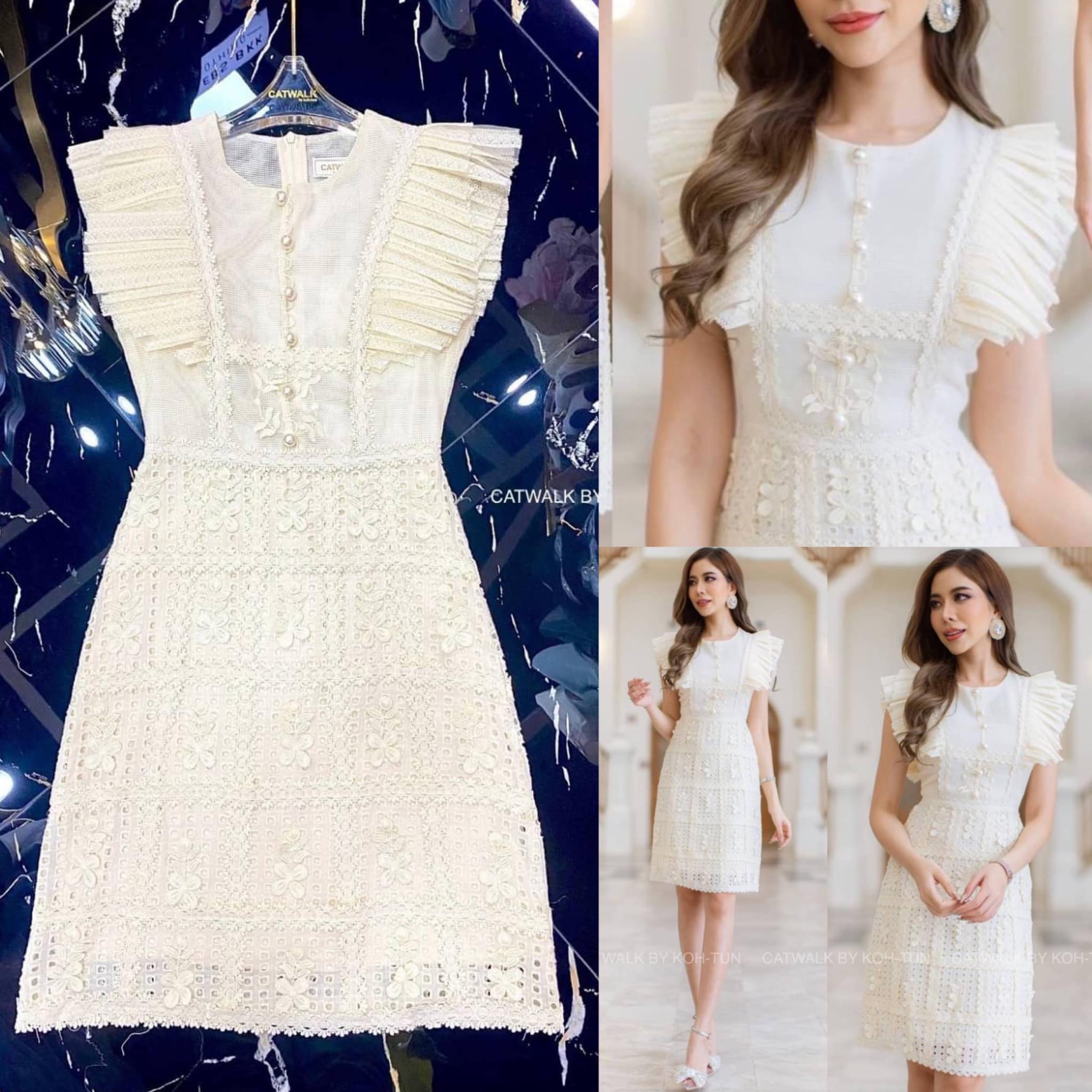 เดรสกระโปรง ผ้าลูกไม้แต่งจับจีบระบายไหล่ เนื้อผ้านุ่มใส่สบาย ช่วงบนเป็นทรงเข้ารูป กระโปรงเป็นทรงเอเล็กน้อย มีซิปด้านหลังทำให้ใส่ง่ายขึ้น สินค้าคุณภาพ (พร้อมส่ง)