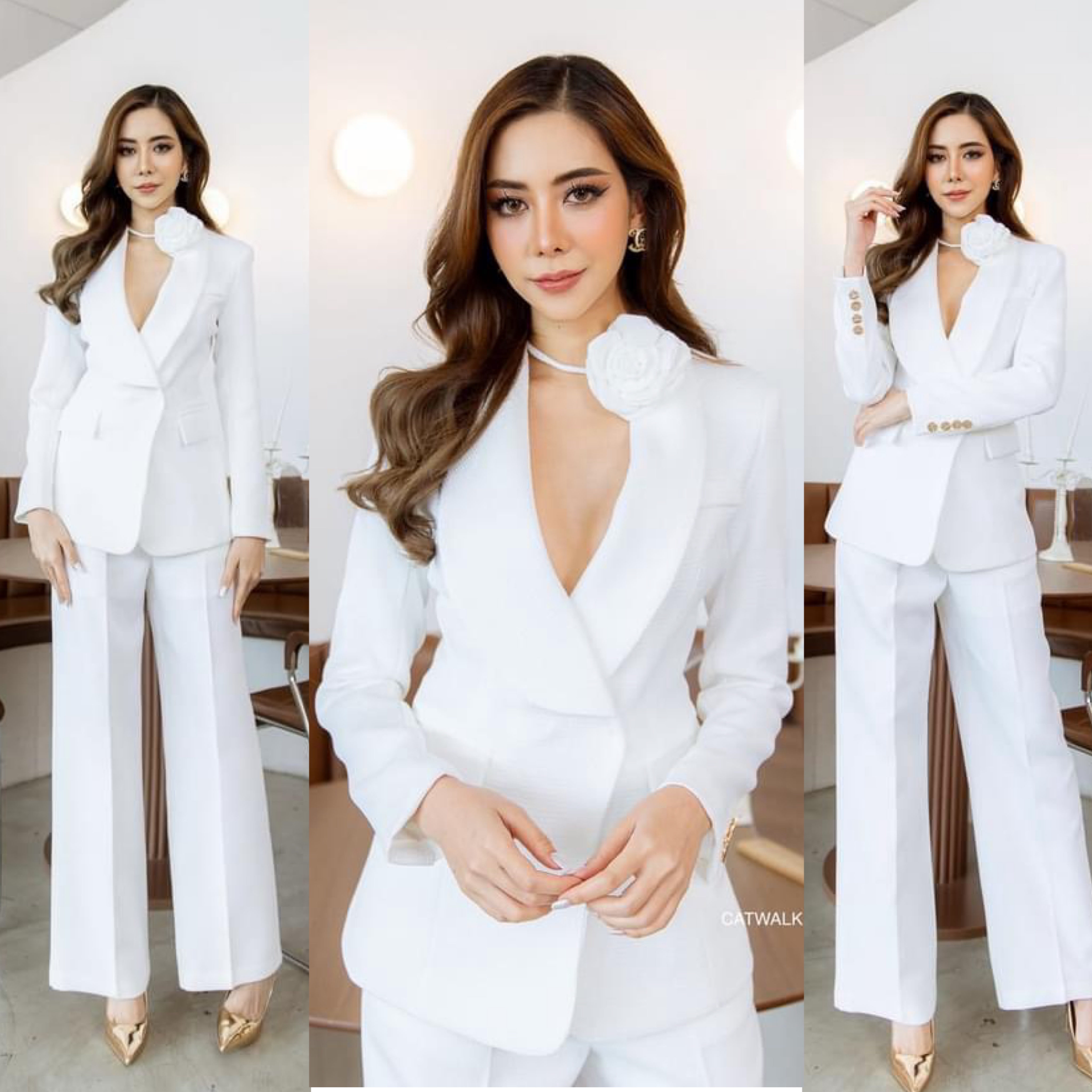 เซตBLAZERปกกล้วย+กางเกงขายาว+เข็มกลัดดอกไม้ เนื้อผ้าเกรดเอ เป็นผ้าทอมีลายในตัว สินค้าคุณภาพ (พร้อมส่ง)