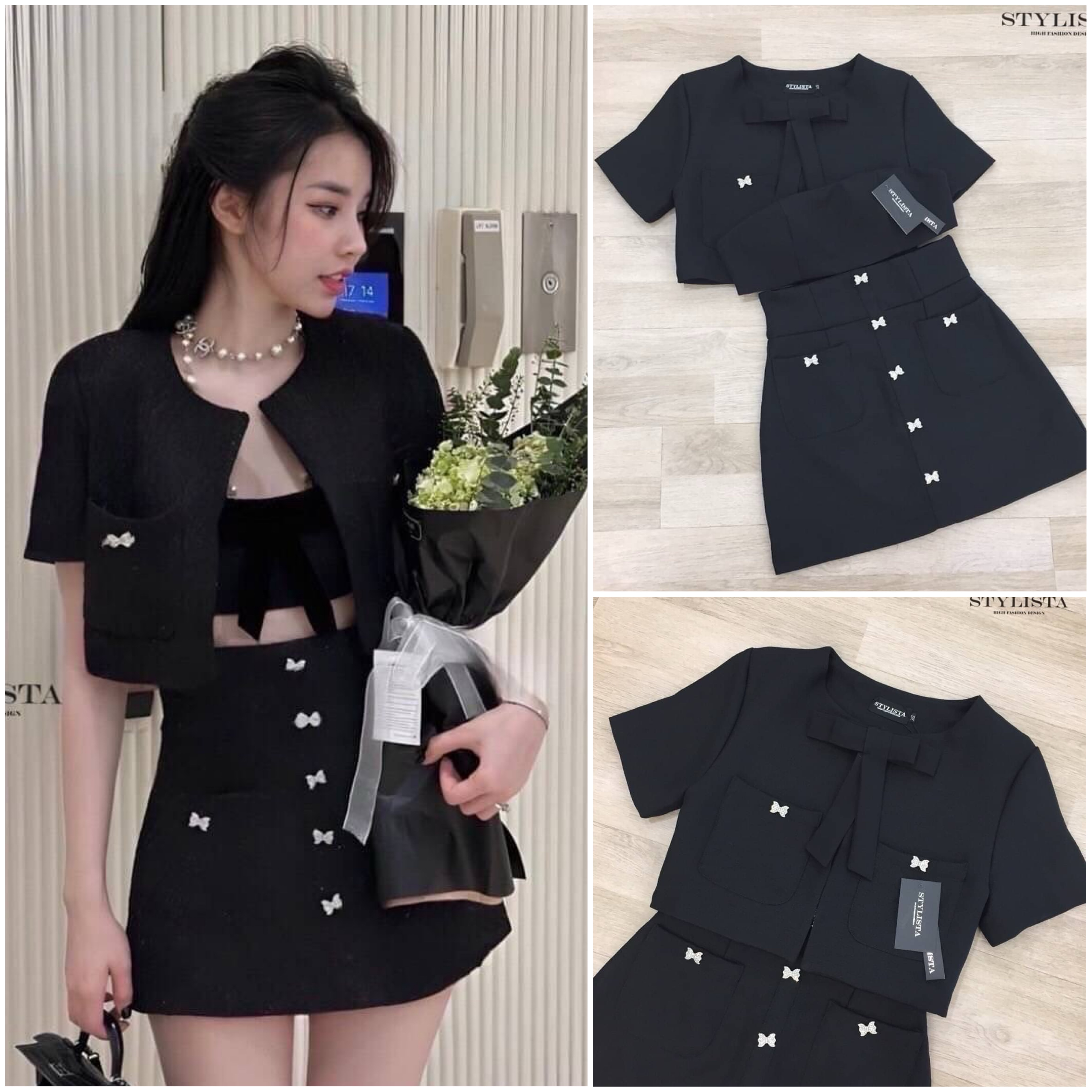 เซต3 ชิ้น เสื้อเกาะอก มาพร้อมเสื้อคลุมเเขนสั้น มีโบว์ แบบติดด้านหน้า (โบว์ถอดได้) มีกระโปรงเข้าชุด ใส่สวยมาก สินค้าคุณภาพ (พร้อมส่ง)