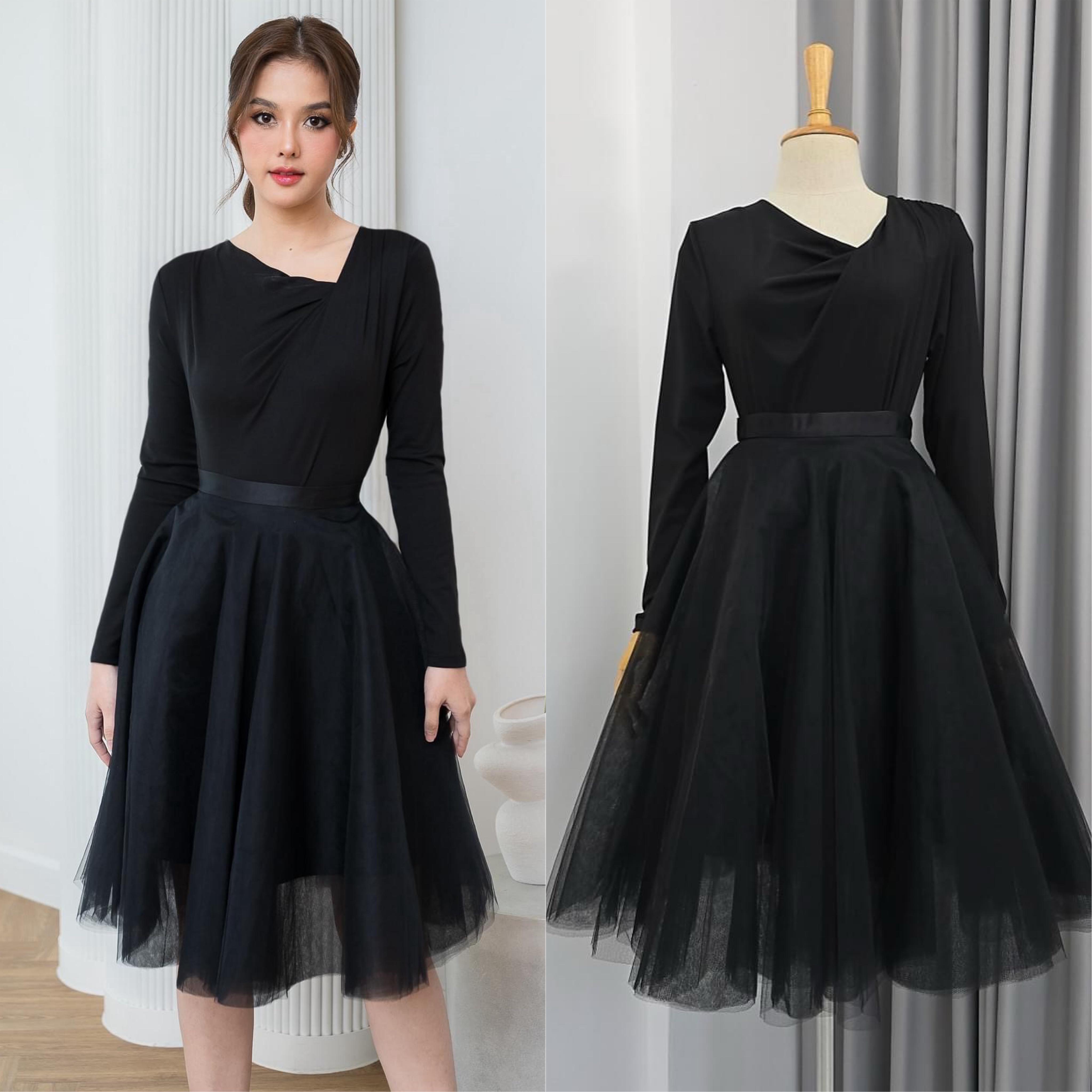 เขตเสื้อคอกว้างแขนยาว ลูกเล่นทวิสต์ที่คอเสื้อ ทรงเข้ารูปเล็กน้อย+ กระโปรงบานทรงวงกลม ใส่สบาย : สินค้าคุณภาพ (พร้อมส่ง)