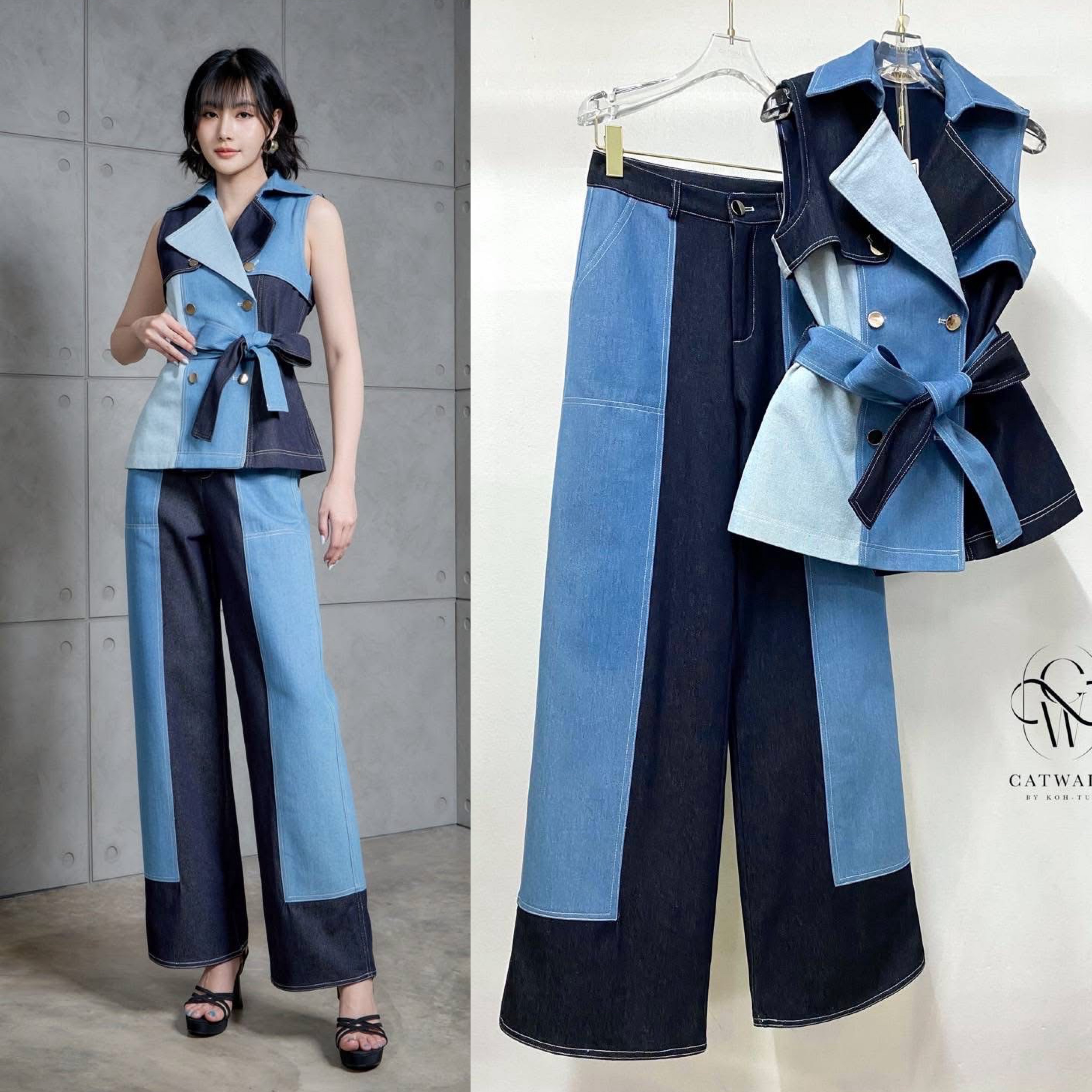 ชุดเซตยีนส์ 3 สี เนื้อผ้ายีนส์เกรดเอ ตัวเสื้อเป็นทรงกึ่งเข้ารูป ปกเทเล่อร์ แขนกุด มีเชือกผ้ายีนส์ช่วยผูกให้ดูเข้ารูปเป็นทรงมากขึ้น มาคู่กับกางเกงทรงขากระบอกเอวสูง ใส่สบาย : สินค้าคุณภาพ (พร้อมส่ง)