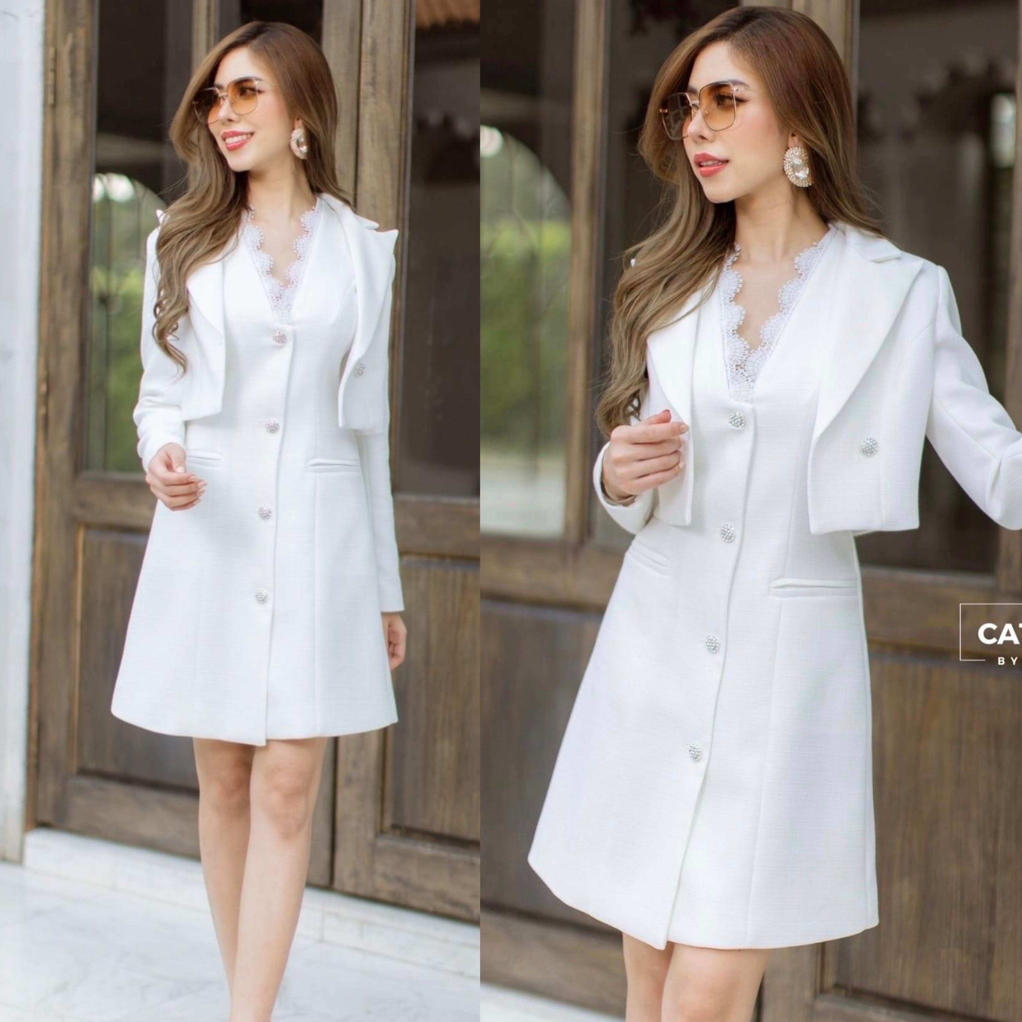 เซตเสื้อแจ็คเก็ต+เดรสคอวีแต่งลูกไม้ เนื้อผ้าทอเกรดเอ สินค้าคุณภาพ (พร้อมส่ง)