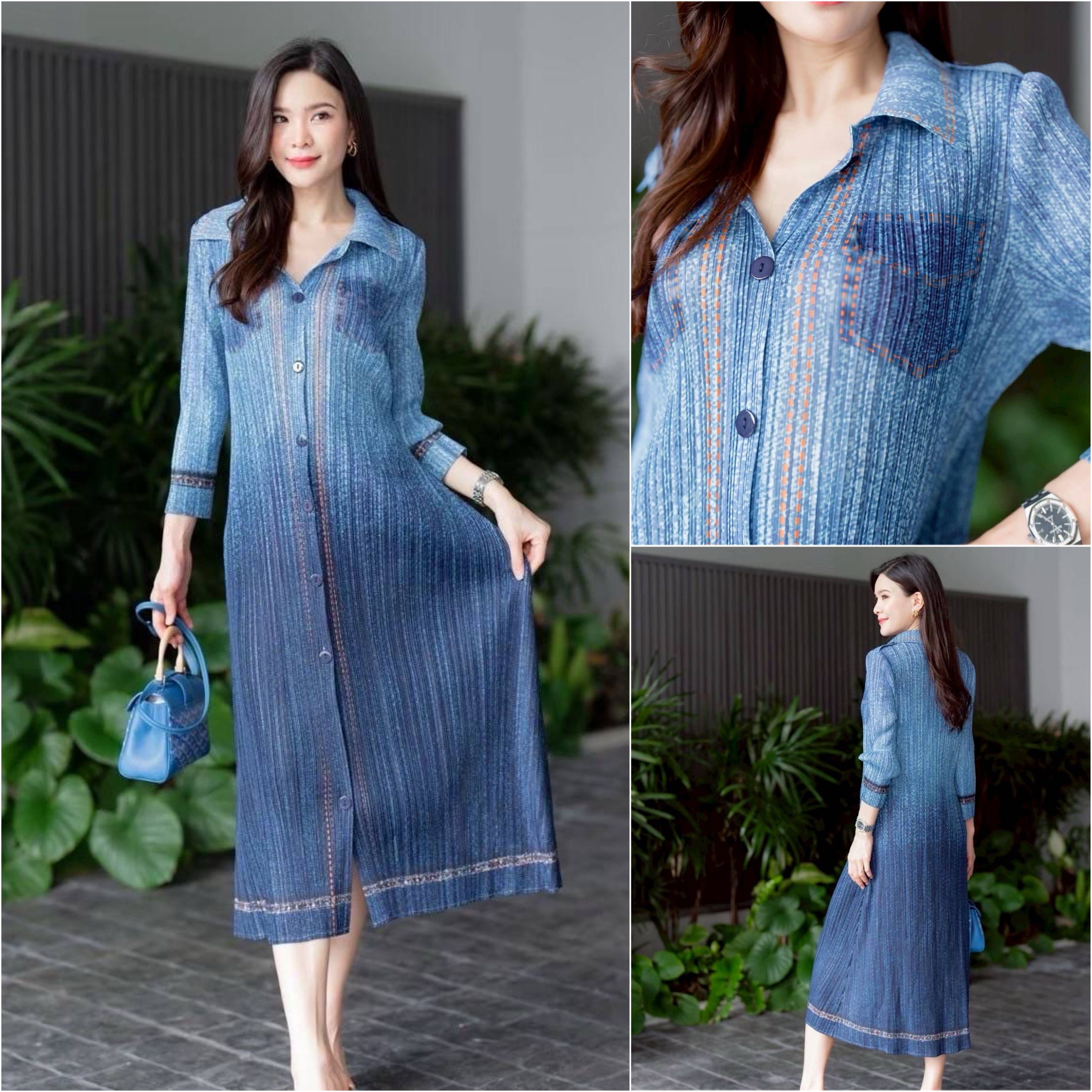 เดรสคลุมเข่า ทรงคอปก แขนสั้น แพทเทิร์นอัดพลีทเข้าเคิร์ฟ ทรงสวย Premium 👍🏻 พิมพ์ลายยีนส์ ทั้งตัว ดีเทลแน่นๆ ใส่สบาย : สินค้าคุณภาพ (พร้อมส่ง)