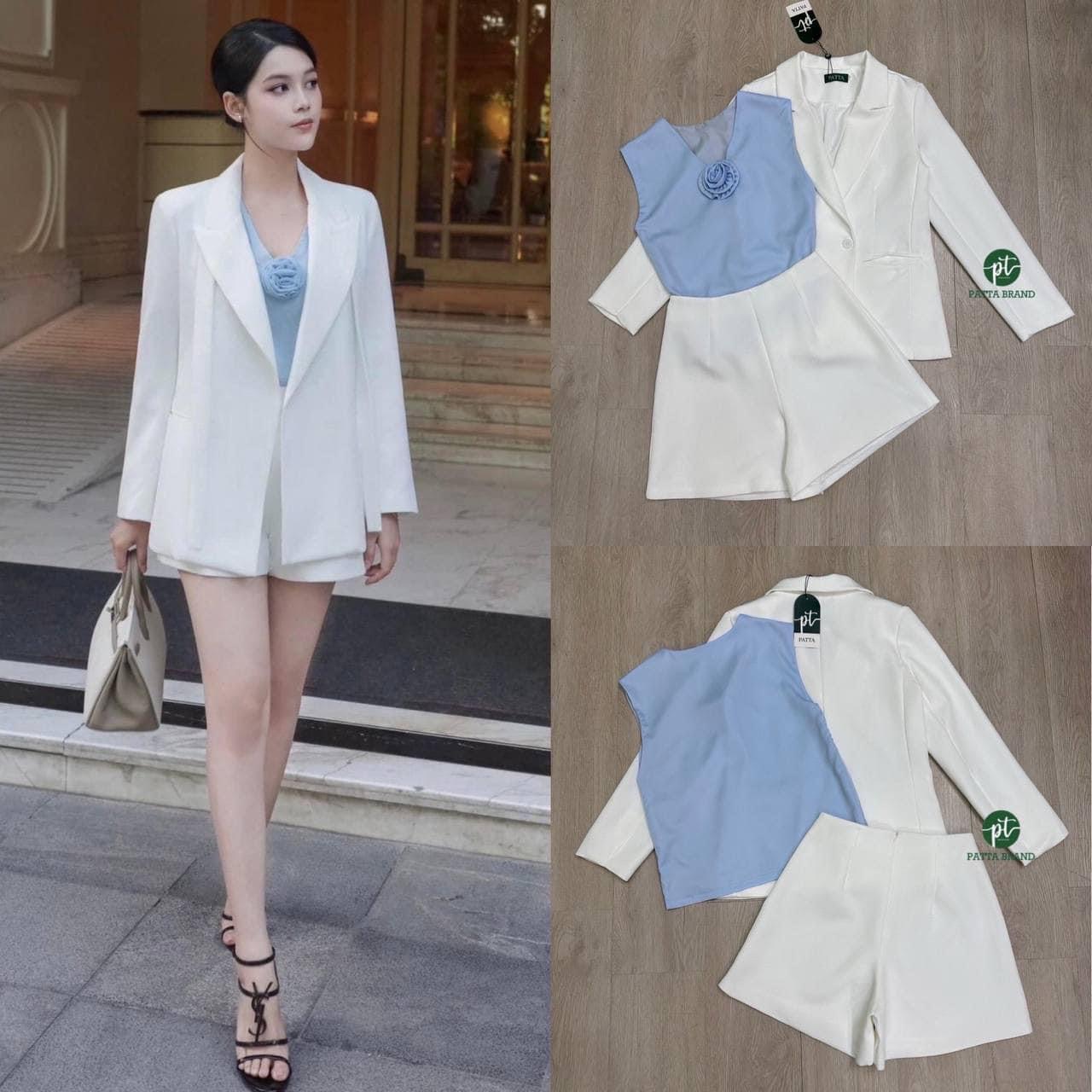 เซต3ชิ้น เสื้อคลุมสูทแขนยาวมีกระดุมหน้า และมีกระเป๋า2ข้างล้วงได้เก๋ๆ มาพร้อมเสื้อตัวในแขน กุดสีฟ้ามีซิปข้าง ผ้าพริ้วลื่นใส่สบายใส่แมทช์ทับในคู่ กับกางเกงสวยลงตัวมากและยังมีเข็มกลัดดอกไม้D ติดที่อกคุ้มสุดๆ มาคู่กับกางเกงขาสั้น ใส่สบาย : สินค้าคุณภาพ (พร้อม