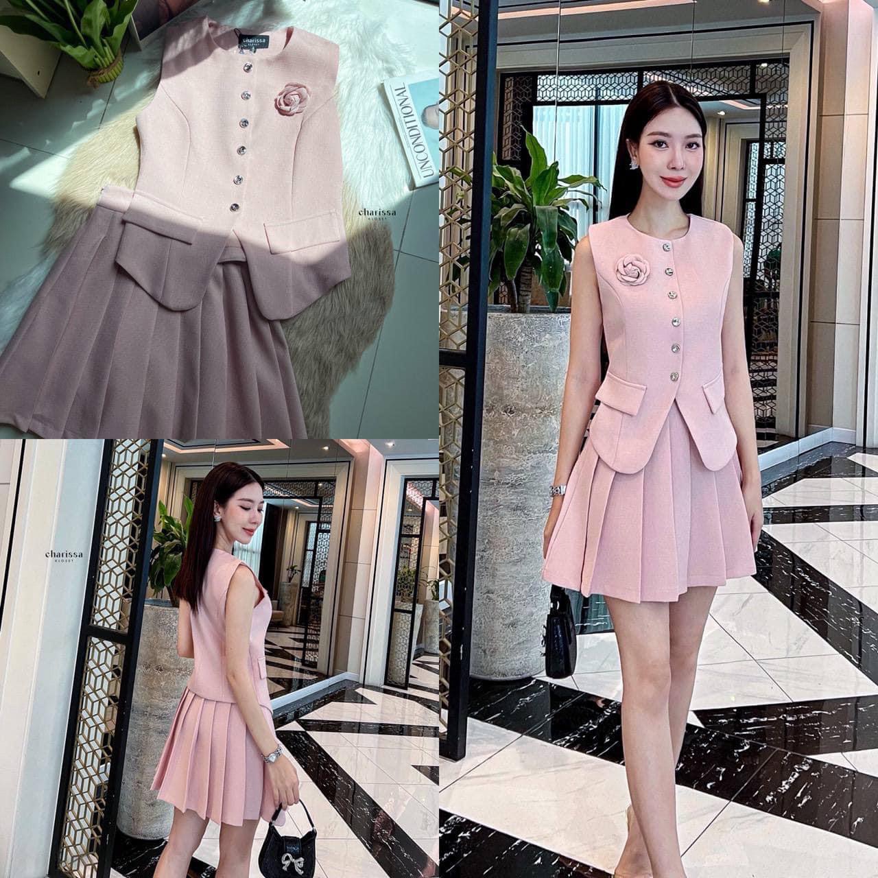 set เสื้อแขนกุด แต่งกระดุมจริงด้าน หน้า ออกแบบให้เข้ารูปสวย มาพร้อมกับกระโปรง แต่งจีบ : สินค้าคุณภาพ (พร้อมส่ง)