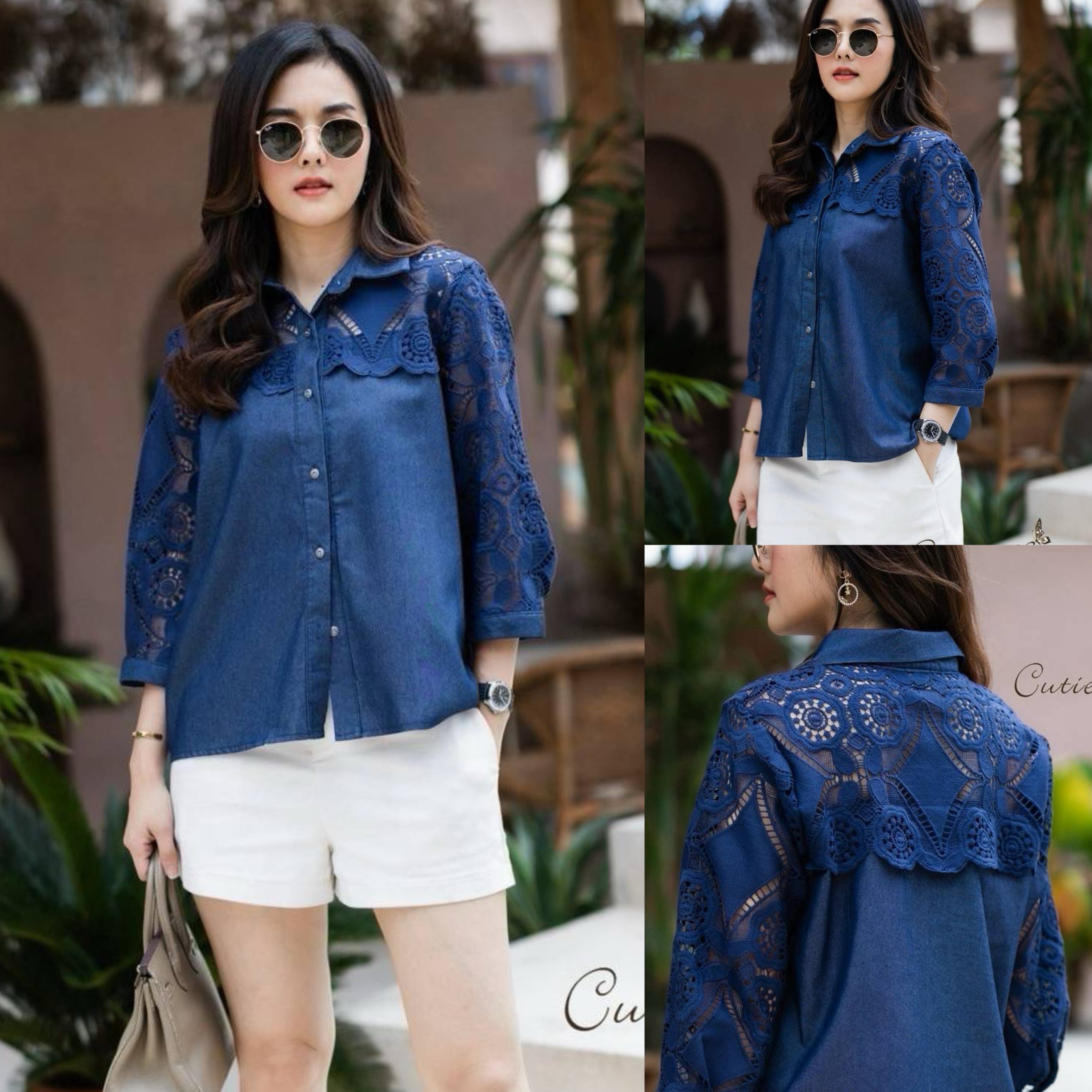 เสื้อยีนส์ แต่งด้วยผ้าลูกไม้หน้าหลังเเละช่วงเเขน เสื้อทรงเชิ้ต ใส่สบาย : สินค้าคุณภาพ (พร้อมส่ง)