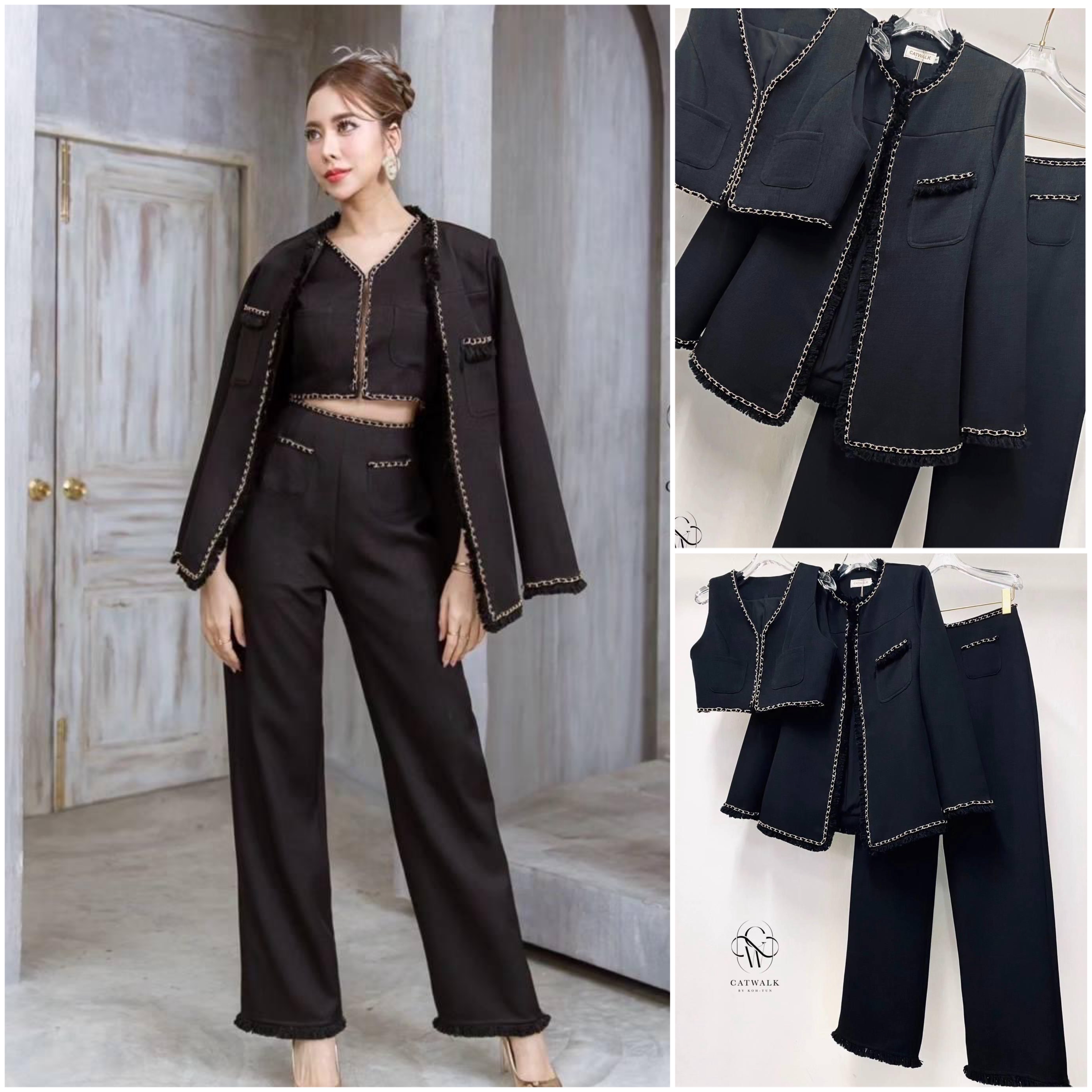 เซต 3 ชิ้น ผ้าทวิตเกรดA แต่งโซ่ทอง ตัวเสื้อกั๊กด้านในเป็นครอปคอวีแขนกุด แต่งขอบด้วยโซ่ทองร้อยริบบิ้นกำมะหยี่สี+เสื้อคลุมทรงกึ่งเข้ารูป+กางเกงเอวสูงทรงขากระบอก สินค้าคุณภาพ (พร้อมส่ง)