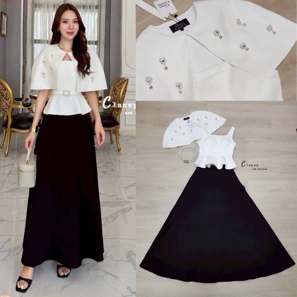 Set 4 ชิ้น (เสื้อแขนกุด+เสื้อคลุมติดคริสตัลเพชรรูปหัวใจ +กระโปรงยาว+ เข็มขัด) ใส่สบาย : สินค้าคุณภาพ (พร้อมส่ง)