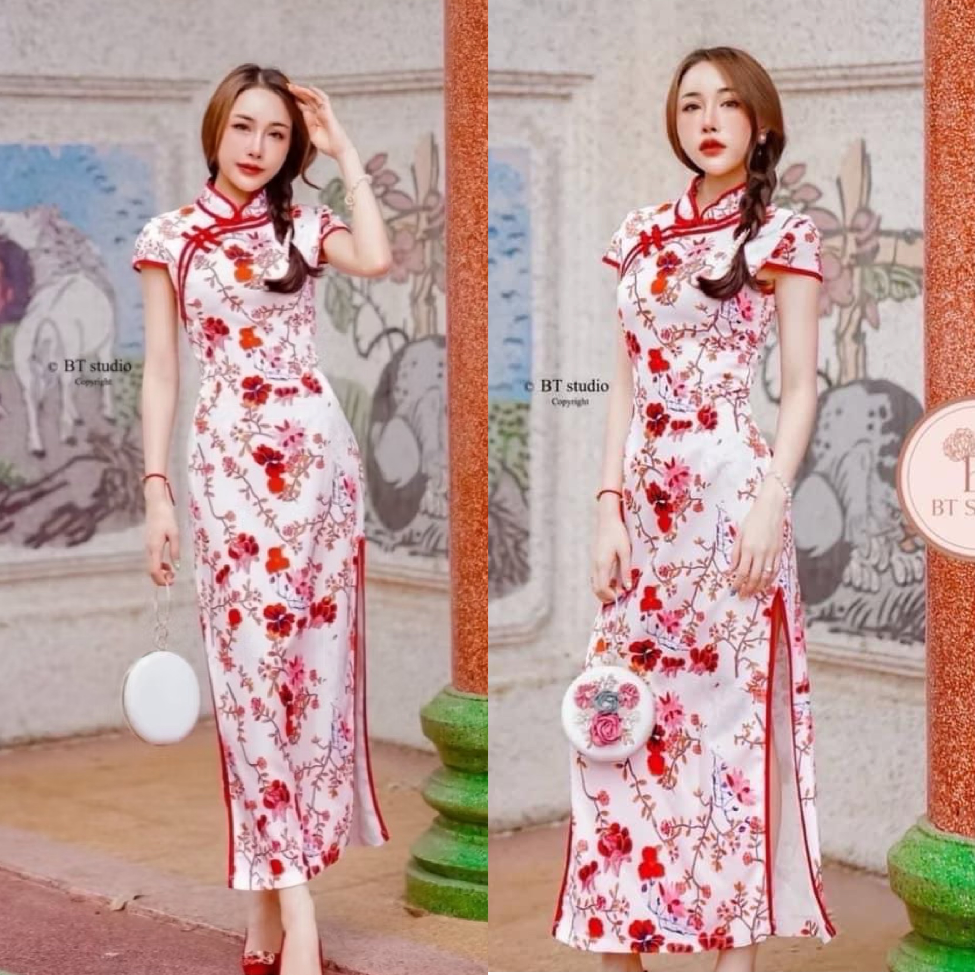 เดรสกี่เพ้า แต่งคอจีน พื้นสีพิมพ์ลายสวยม๊าก ห้ามพลาดเลยคร้าา limited ม๊ากคร้า ใส่สบาย : สินค้าคุณภาพ (พร้อมส่ง)