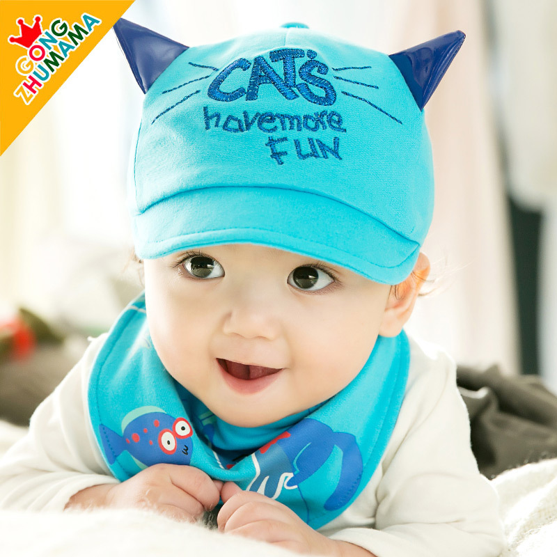 Set หมวก+ผ้ากันเปื้อน เด็กเล็ก 6-24 เดือน หมวกแมวน่ารักกับผ้ากันเปื้อนสามเหลี่ยมสไตล์เกาหลี Cat Have More Fun