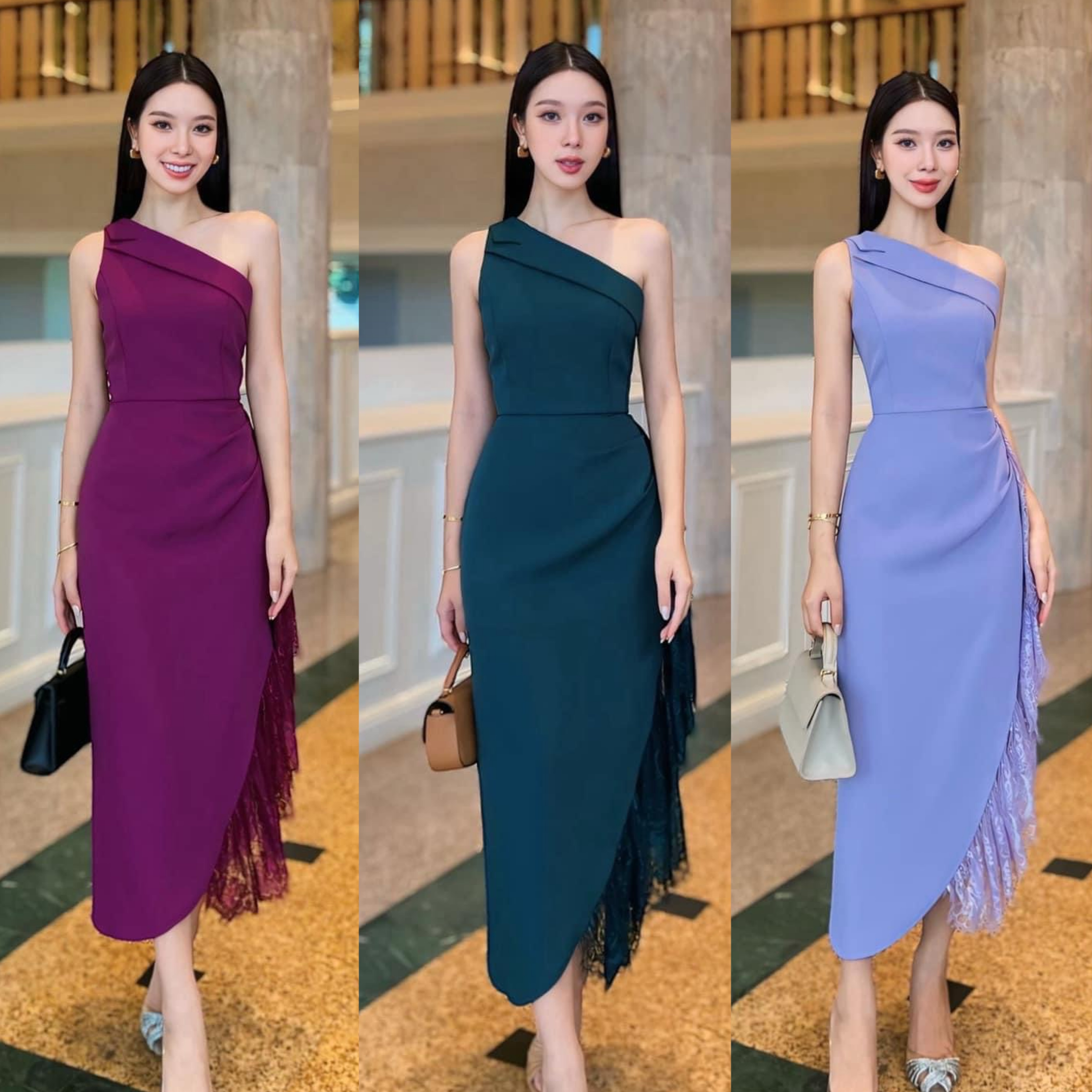 เดรสดีไซน์ไหล่เฉียง ช ตัวเดรส ใช้เนื้อผ้าเกรดพรีเมี่ยมทั้งตัว ดีไซน์กระโปรงทรง สอบตกแต่งระบายด้วยผ้าลูกไม้ไล่ระดับด้านข้าง งานมีซับใน ซิปหลัง ใส่สบาย : สินค้าคุณภาพ (พร้อมส่ง)