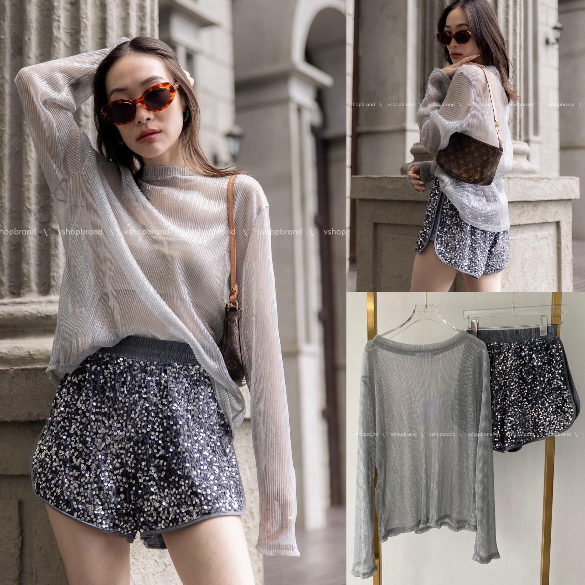 Set เสื้ออัดพลีทวิ้งๆ+ ขาสั้นกลิตเตอร์ สินค้าคุณภาพ (พร้อมส่ง)