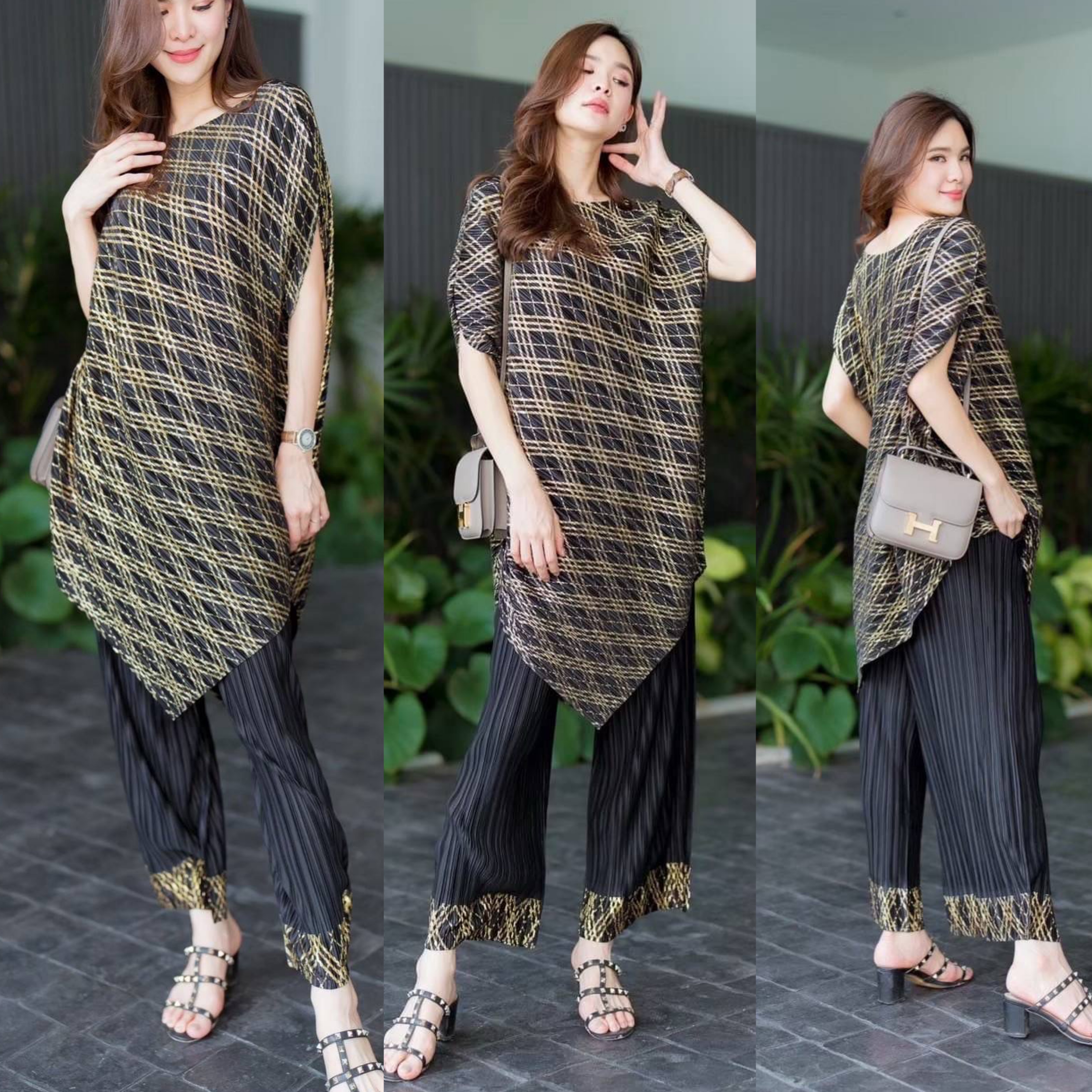 ชุดพลีท เสื้อเป็นทรงยาวไหล่เบี่ยง เฉลียงด้านข้าง +กางเกงเป็นทางขาบาน แต่ง ชายขอบกางเกงด้วยขลิบทอง ใส่สบาย สินค้าคุณภาพ (พร้อมส่ง)