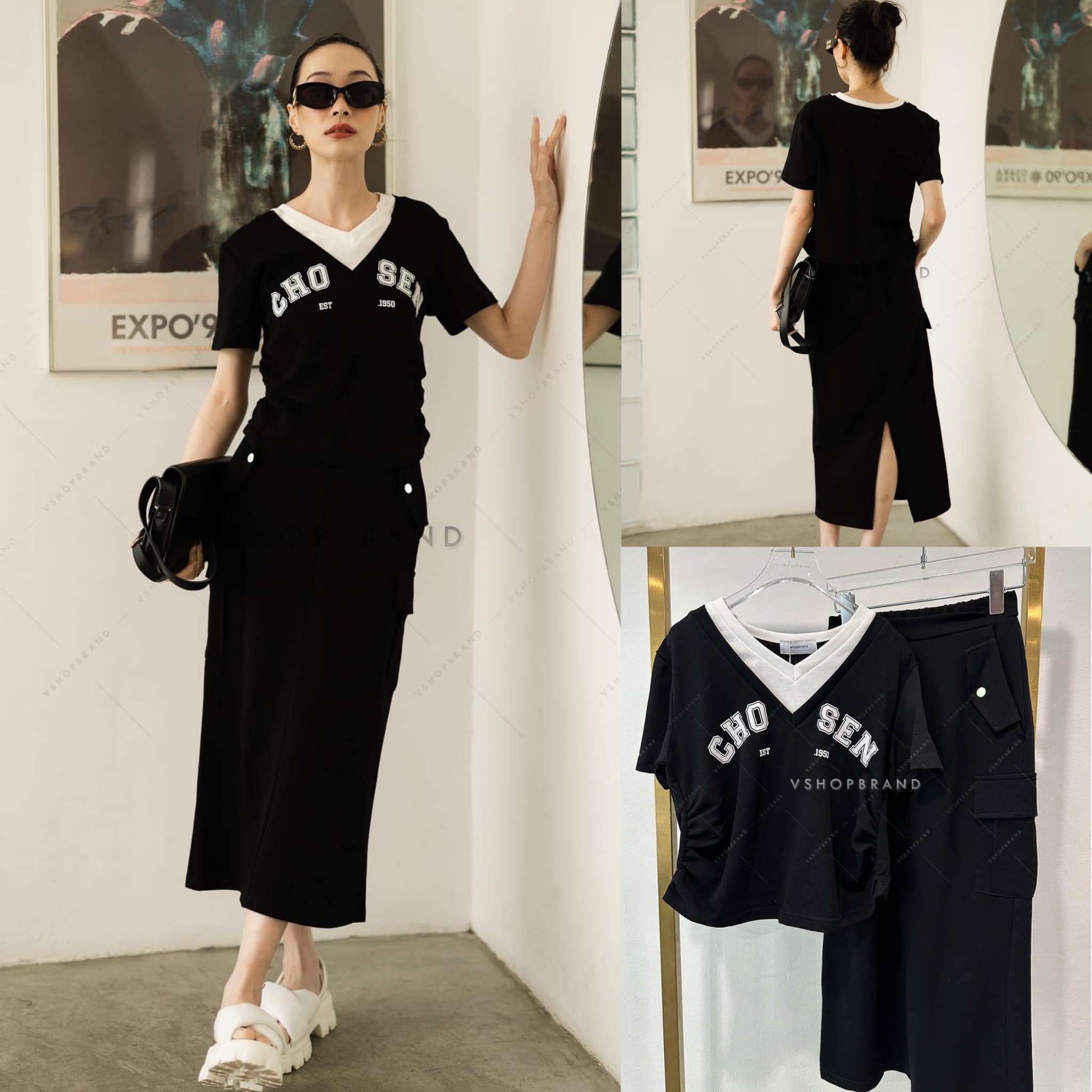 SET เสื้อคอวีแต่งขอบคอทูโทน + กระโปรงยาว สินค้าคุณภาพ (พร้อมส่ง)