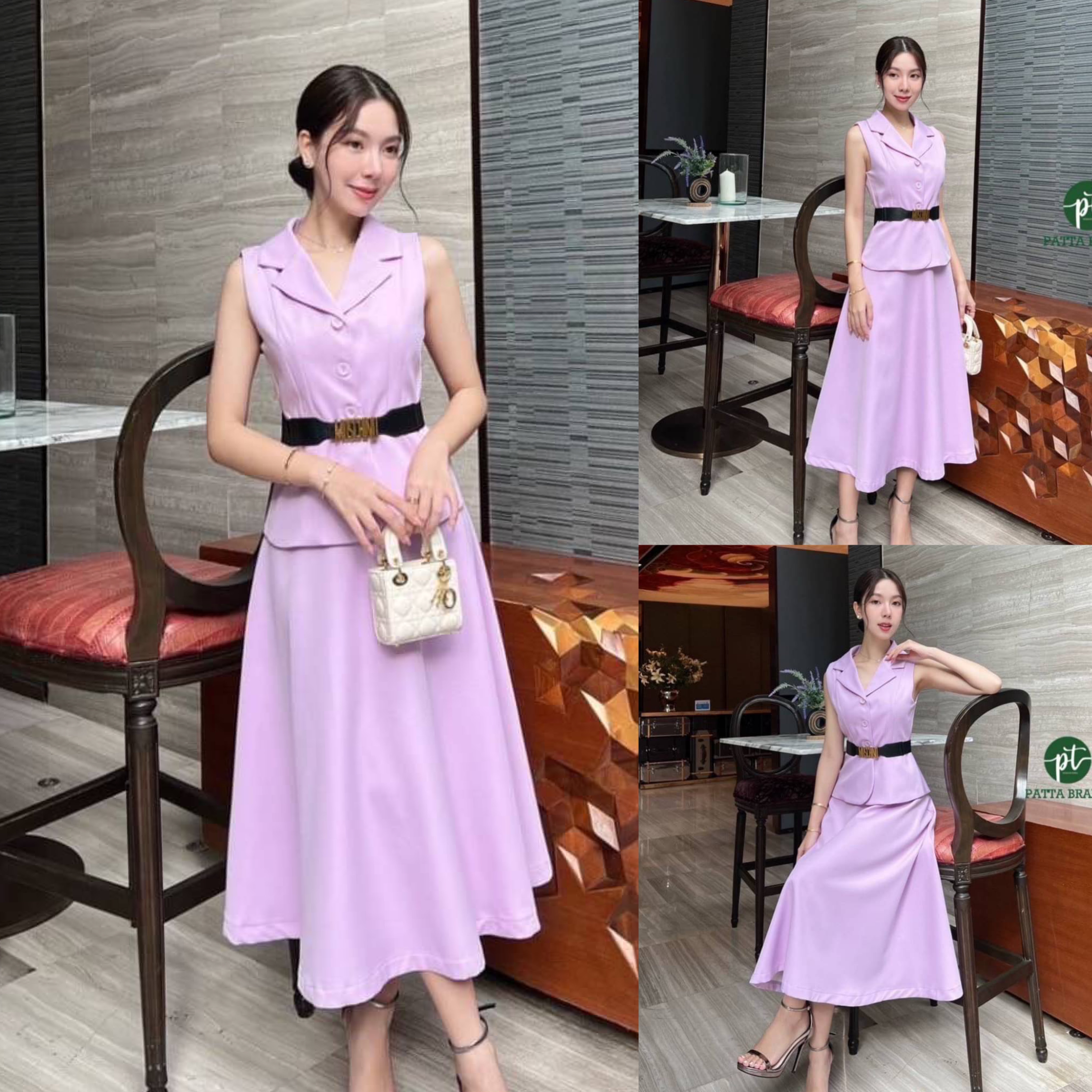 Set ชุด2ชิ้น เสื้อคอปกไล่ระดับแขนกุด +เข็มขัดหนังเย็บต่อยางยืดหัวทองอักษร(สายยืดได้ตามตัว)+กระโปรงทรงย้วย งานซิปหลังสวมใส่สบาย สินค้าคุณภาพ (พร้อมส่ง)