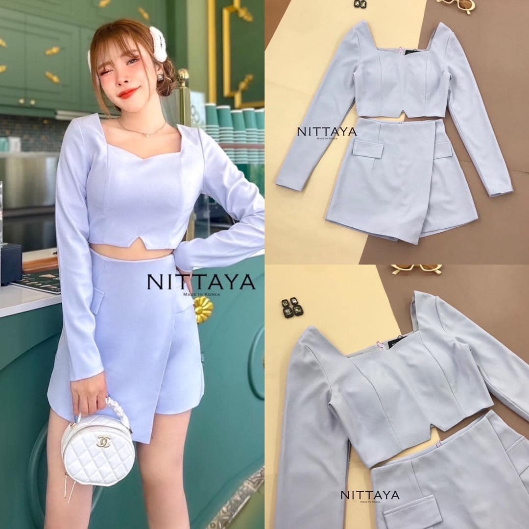 เซตเสื้อครอปแขนยาว + กก.ผ้าปาดไหล่ รุ่นนี้สีน่ารักมาก สินค้าคุณภาพ (พร้อมส่ง)