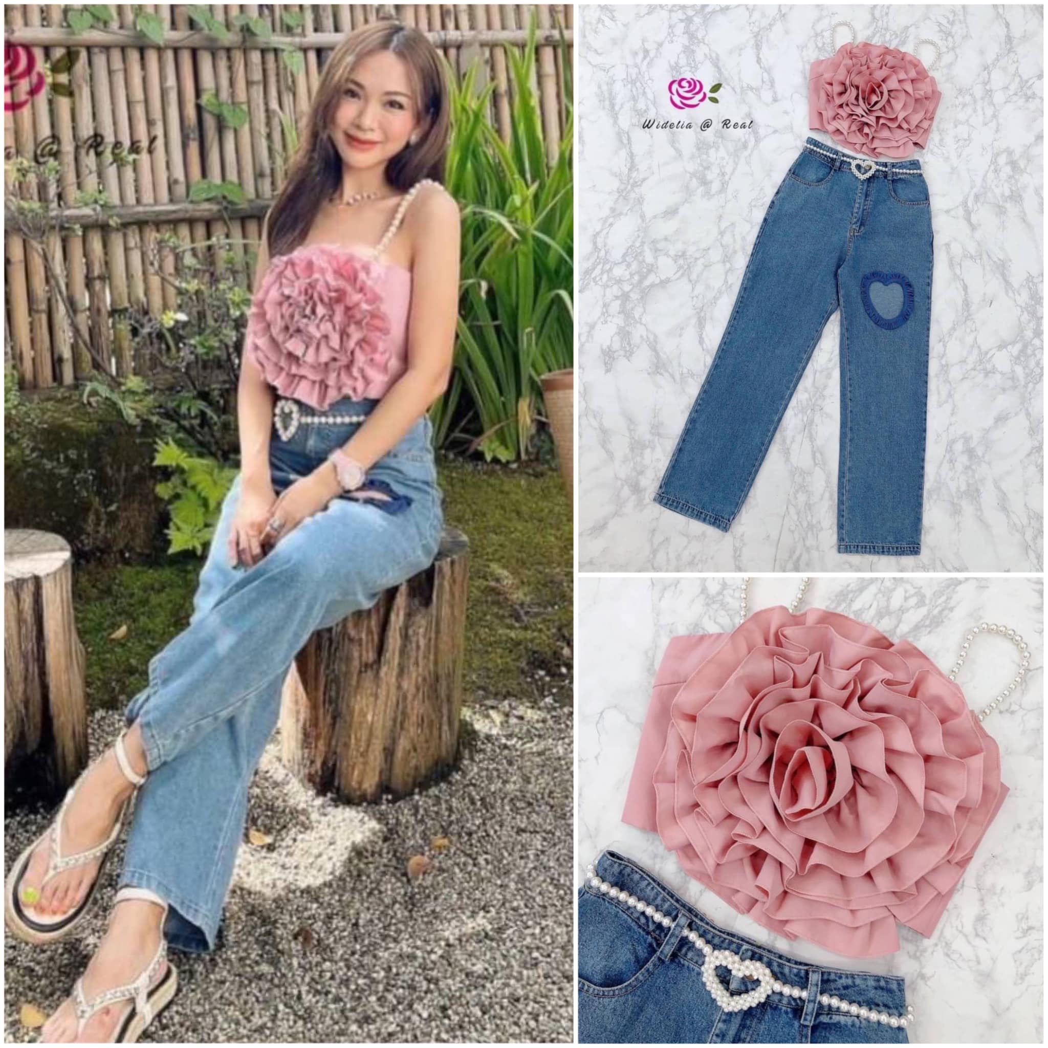 Set เซ็ท 3 ชิ้น มีเสื้อดอกไม้+ กางเกงยีนส์+เข็มขัดไข่มุก กรี๊ดมากแม่ สำหรับเซ็ตนี้ สินค้าคุณภาพ (พร้อมส่ง)