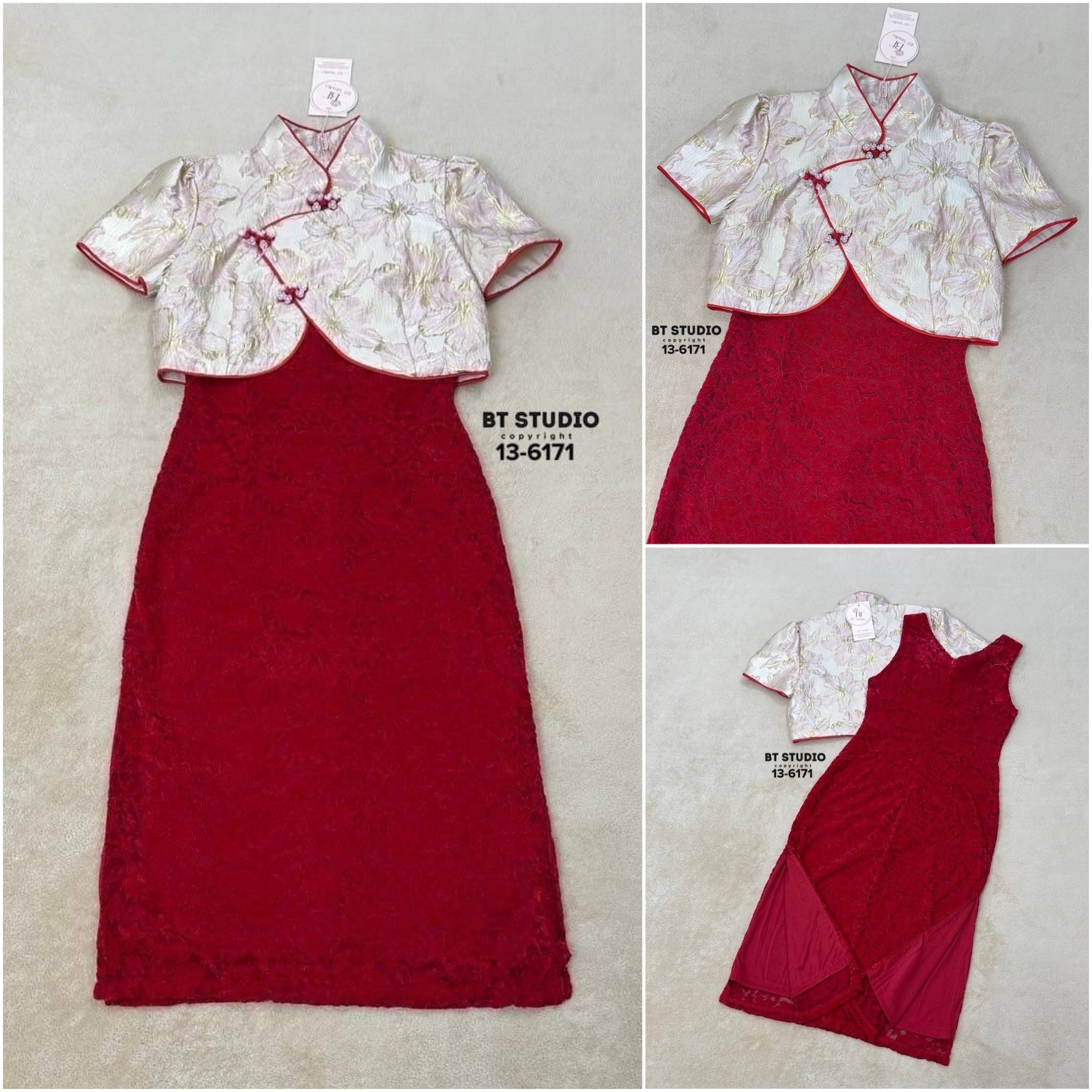 ชุดเซท 2 ชิ้น เสื้อครอปสั้นผ้าทอคอจีน แต่งกระดุมจีน ดีเทลแต่งกุ้นแดง มาพร้อมเดรส ลูกไม้เนื้อผ้านิ่มคอวีแขนกุด ผ่าข้างทั้งสองข้าง ใส่สบาย : สินค้าคุณภาพ (พร้อมส่ง)