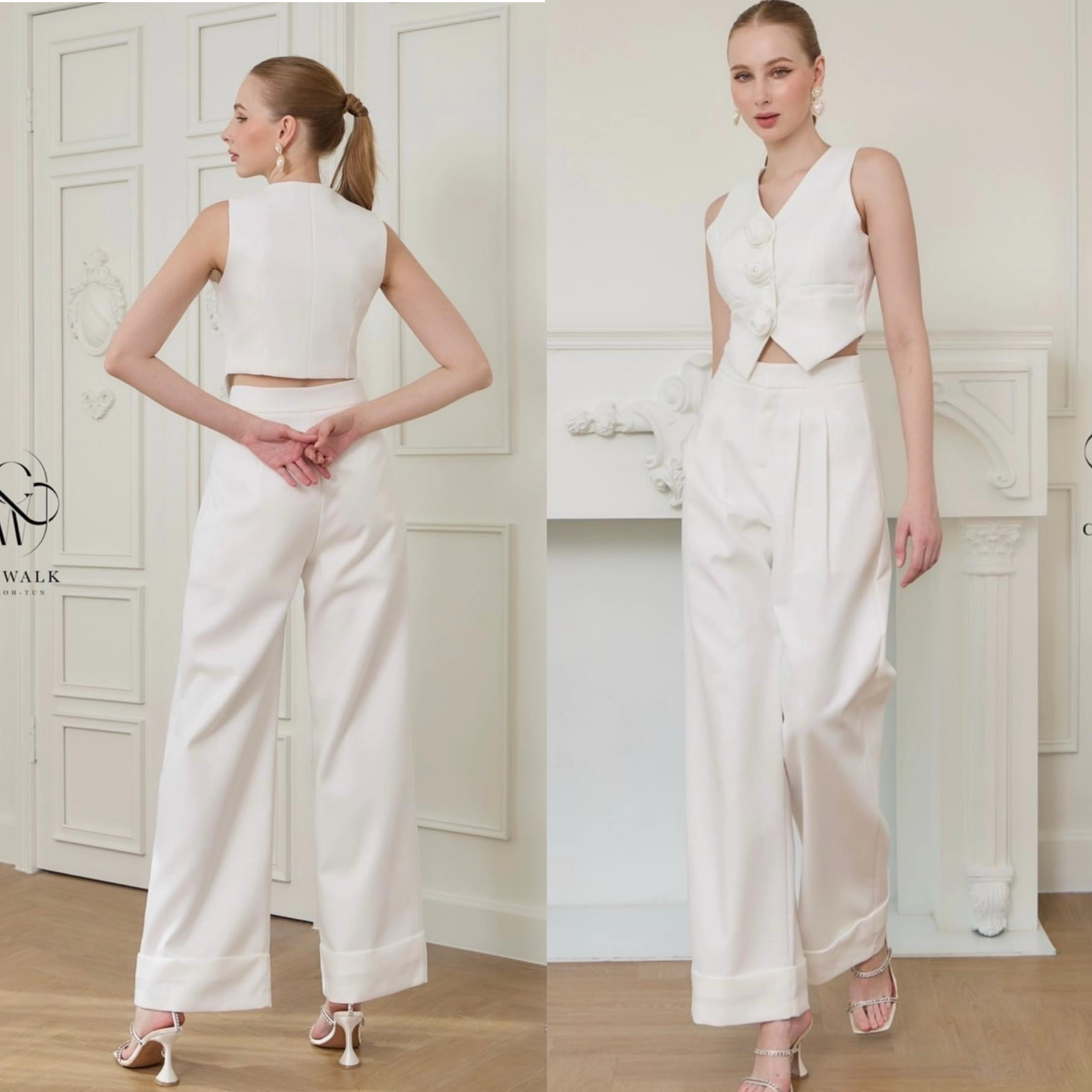 เซตเสื้อ Vestแต่งดอกไม้ +กางเกงทรงสวย เนื้อผ้าทอ ลายเกรดเอ ใส่สบาย : สินค้าคุณภาพ (พร้อมส่ง)