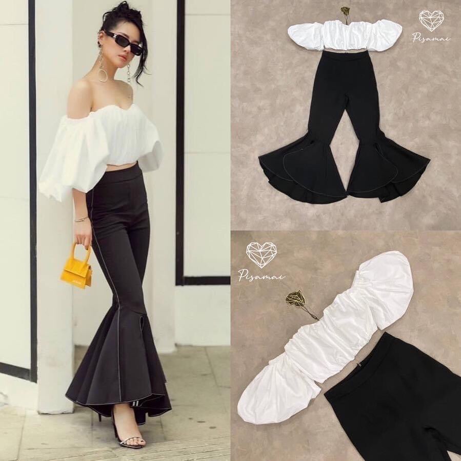 เซ็ตเสื้อปาดไหล่แขนพอง มาคู่กับ กางเกงขายาวสีดำผ่าหน้าทรงหางปลา . สินค้าคุณภาพ (พร้อมส่ง) .