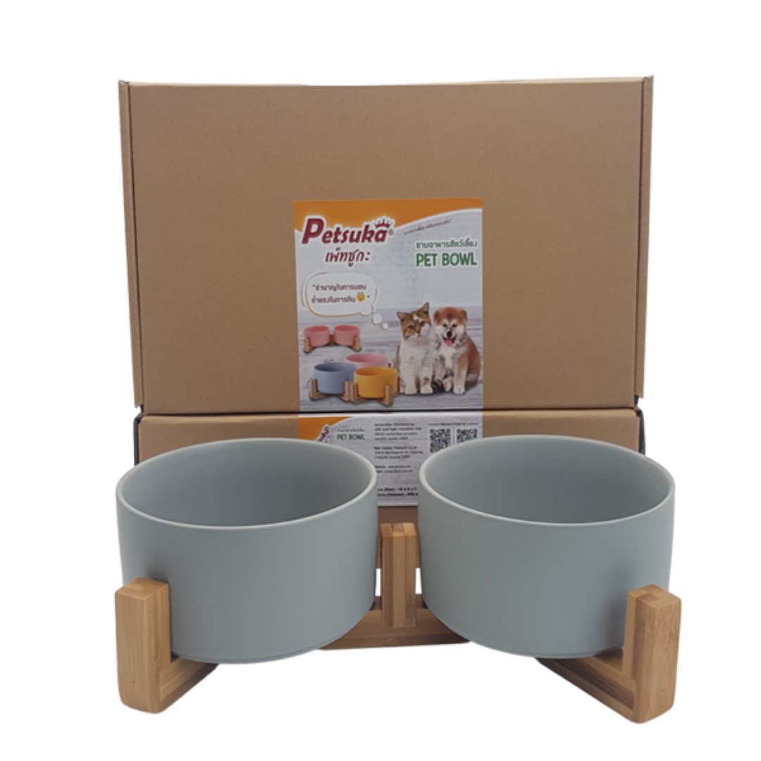 ชามเซรามิคสัตว์เลี้ยง Petsuka พร้อมฐานรองสไตล์ญี่ปุ่น สำหรับสุนัขและแมว สีเทา แบบคู่ 850 ml