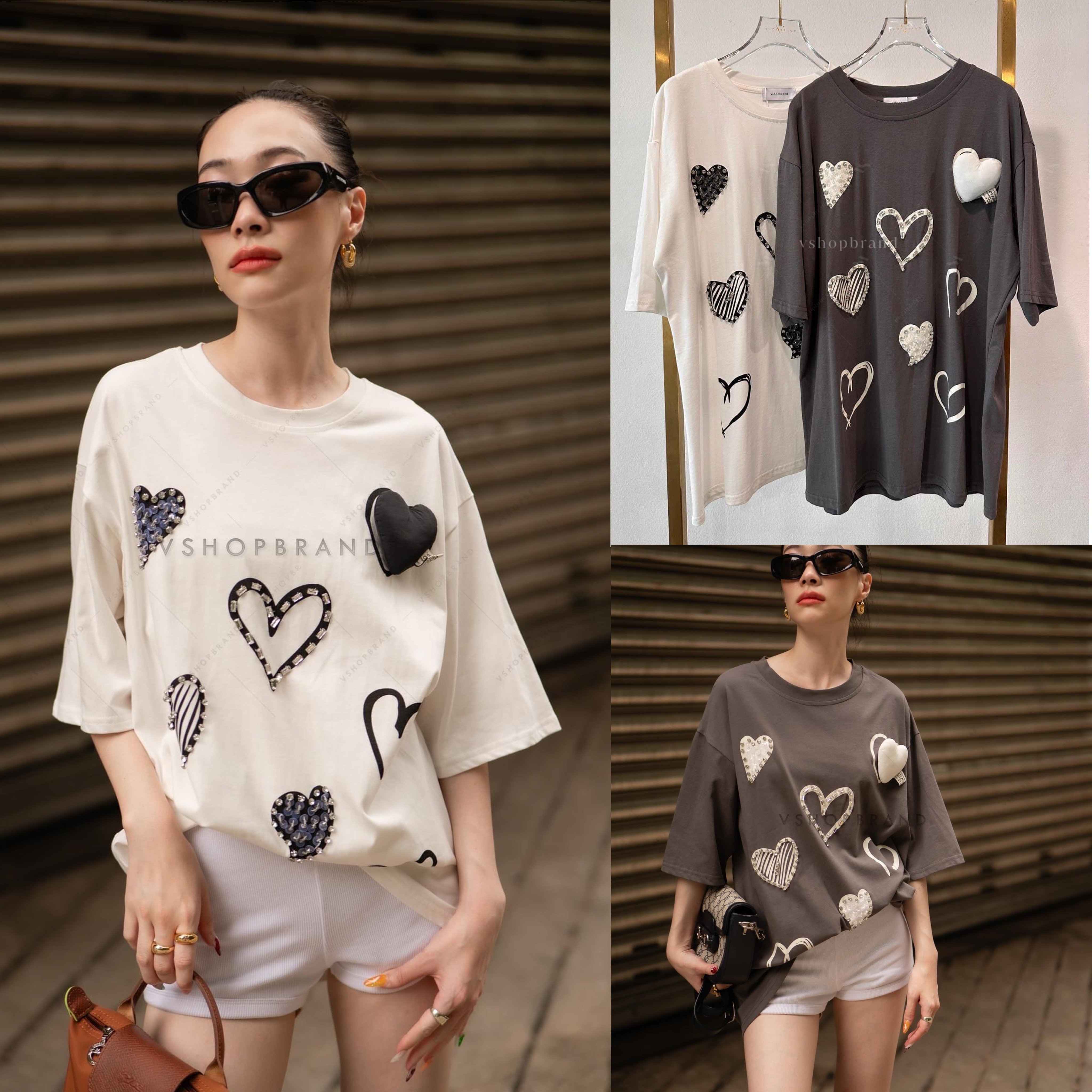 เสื้อยืดหัวใจหลายดวง ติดเพชร : สินค้าคุณภาพ (พร้อมส่ง)