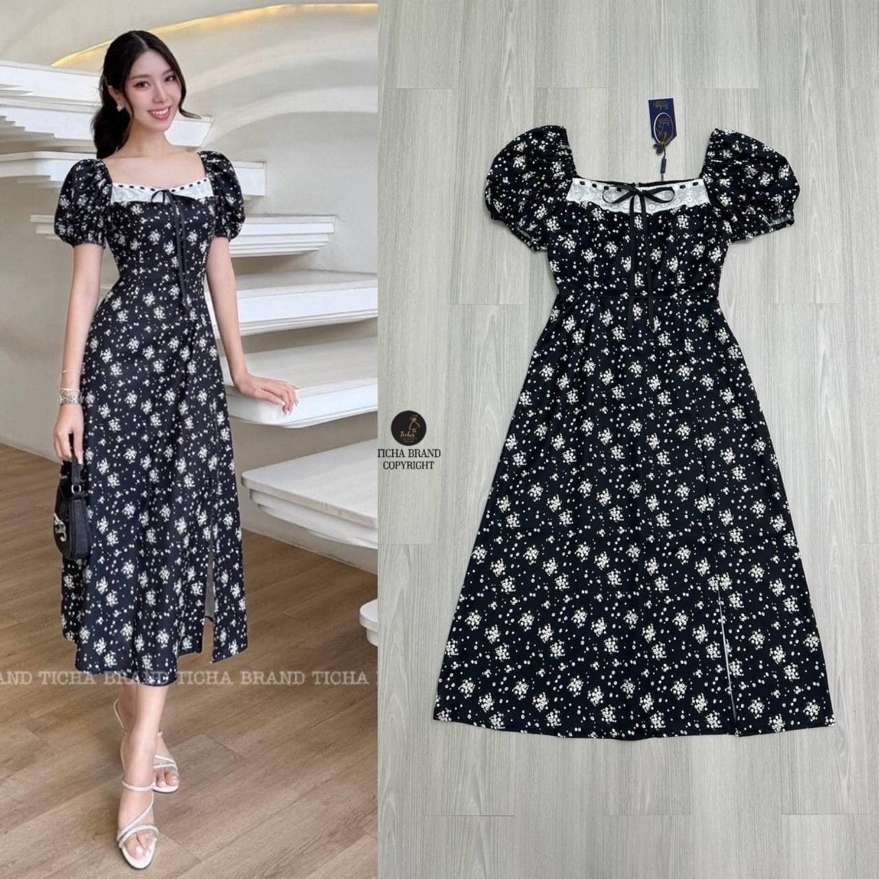 เดรสยาวสีดำแขนตุ๊กตางานผ้าพิมพ์ลายดอกไม้ทั้งตัว อกแต่งกุ๊นลูกไม้ขาวฉลุและริบบิ้นผูกโบว์ ใส่สบาย : สินค้าคุณภาพ (พร้อมส่ง)