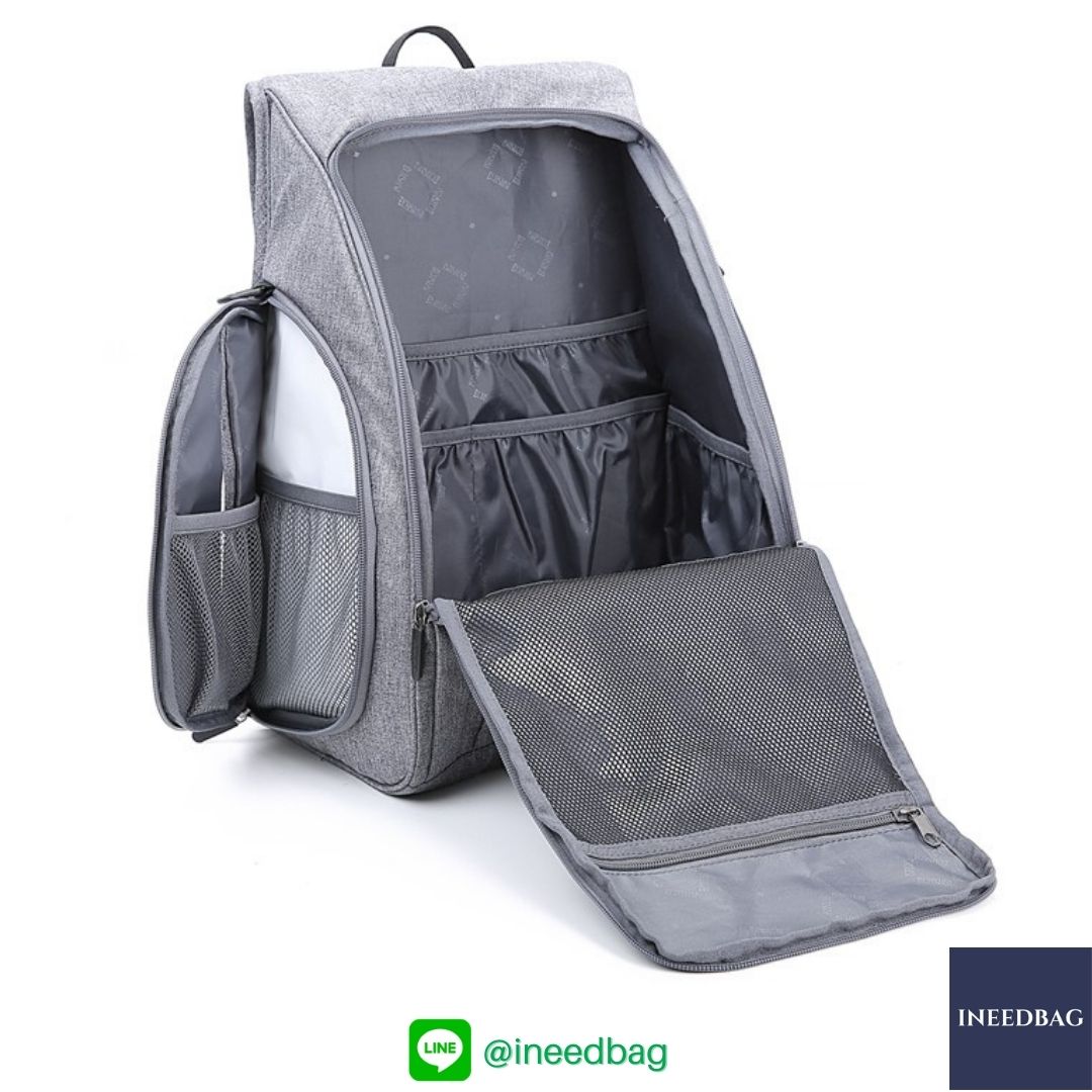 Ecosusi กระเป๋าคุณแม่, กระเป๋าสัมภาระคุณแม่, กระเป๋าแม่ลูกอ่อน แบบเป้ มาพร้อมแผ่นรองเปลี่ยนผ้าอ้อม, ช่องเก็บความร้อน-เย็น (New Version Grey) + Wet Pocket + Wipe Pocket