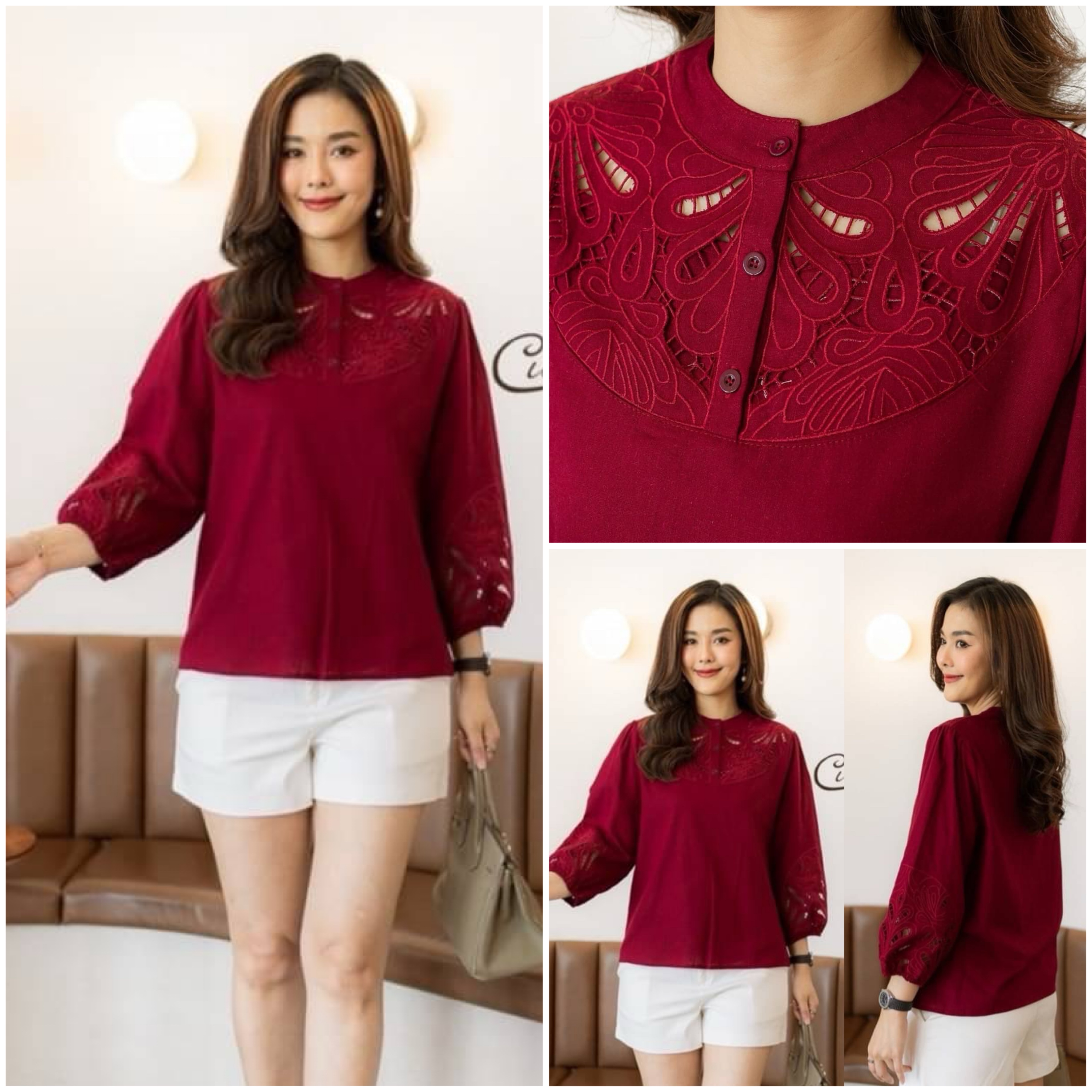 เสื้อลินิน ปักเจาะฉลุ ขอบแขนใส่ยางยืดยืด ได้เยอะค่ะ ใส่สบาย : สินค้าคุณภาพ (พร้อมส่ง)