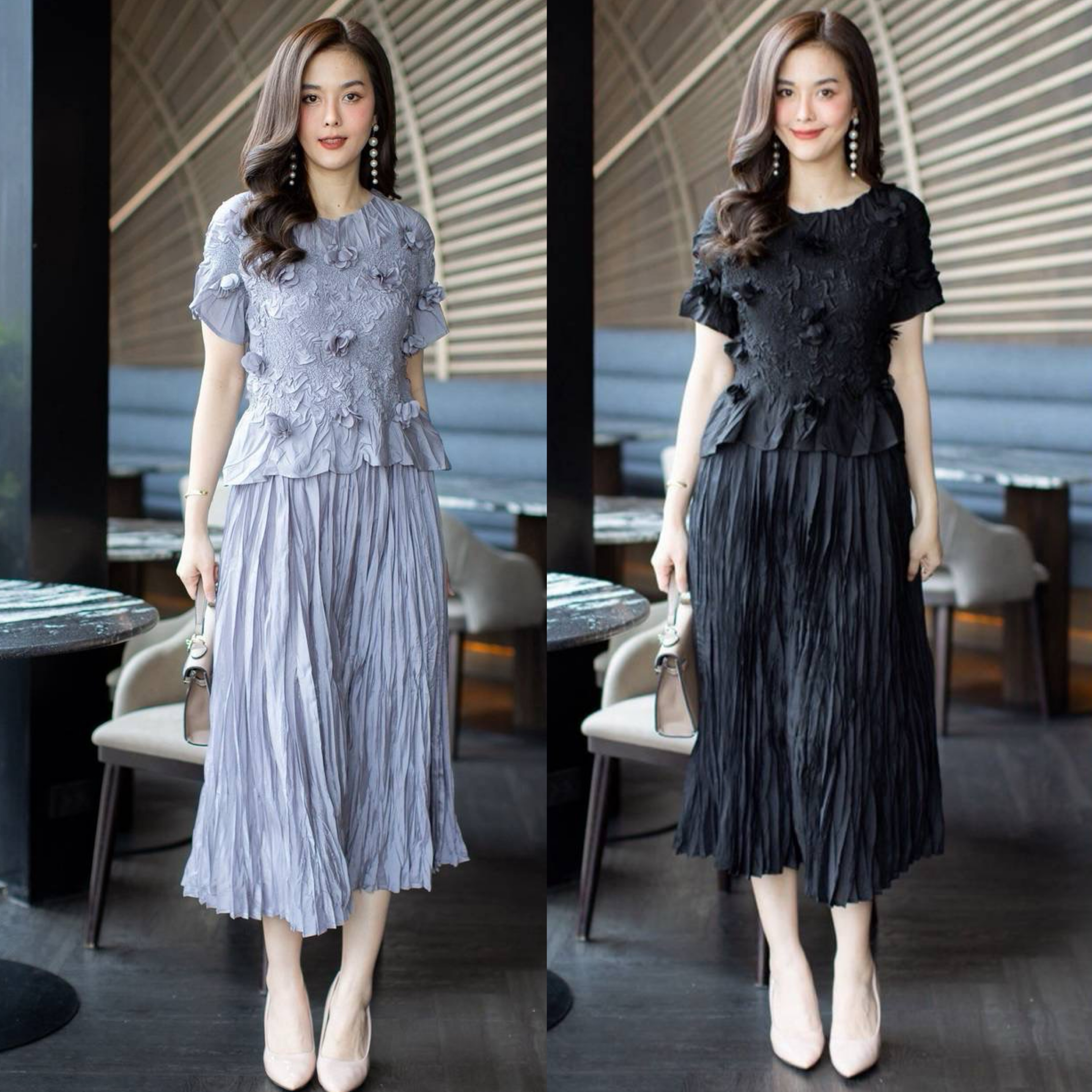 ชุดเซ็ทเสื้อ+กระโปรงอัดพลีทเปลือกไม้สุดเก๋ ใส่สบาย : สินค้าคุณภาพ (พร้อมส่ง)