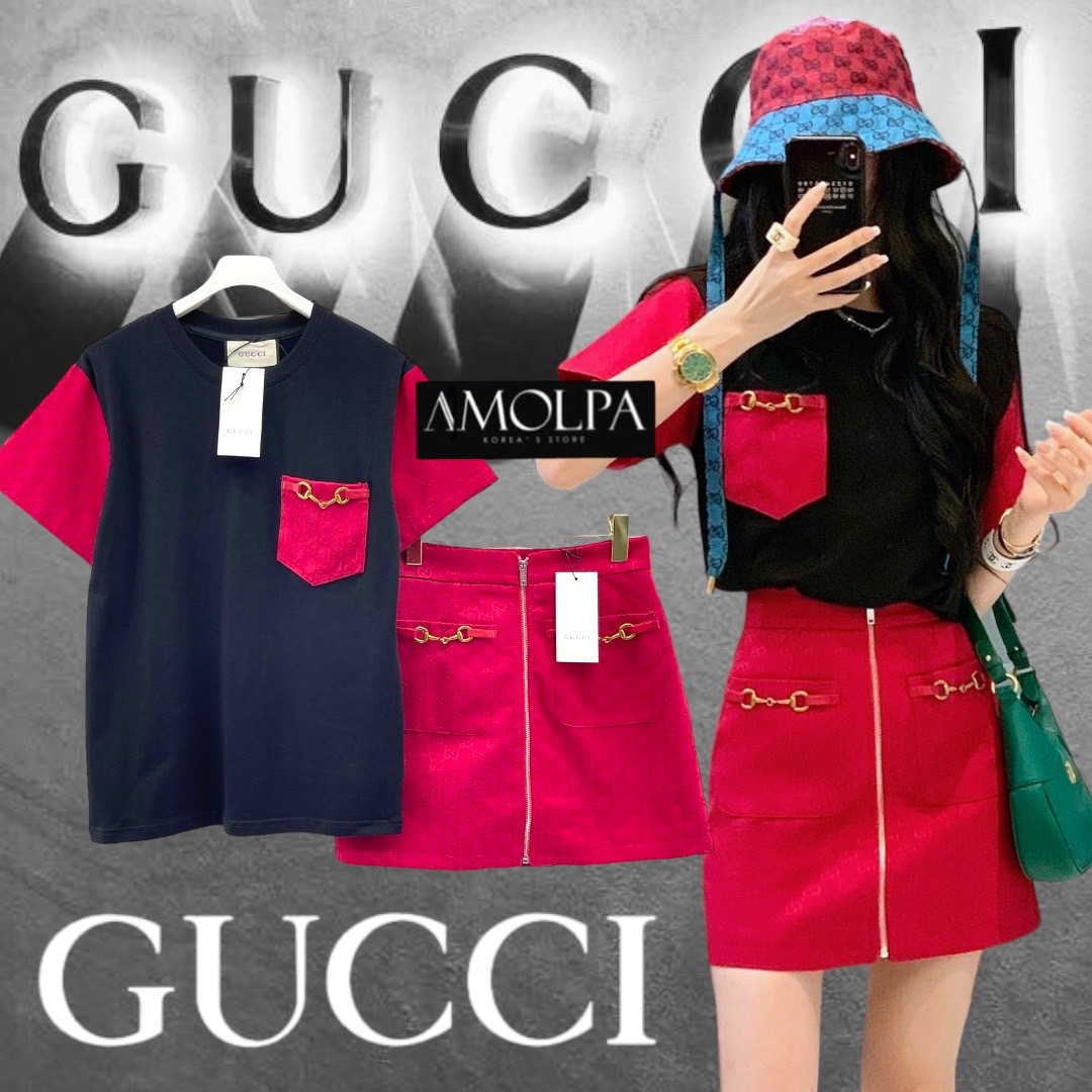 SET GG งานใหม่ 2024SS ตัวเสื้อแขนสั้นต่อแขนผ้าทอGGสีแดง แต่งอะไหล่ HORSEBIT มาพร้อมกระโปรง ผ้าทอแดงGG แต่งอะไหล่ HORSEBIT ใส่เข้ากันลง ใส่สบาย สินค้าคุณภาพ (พร้อมส่ง)