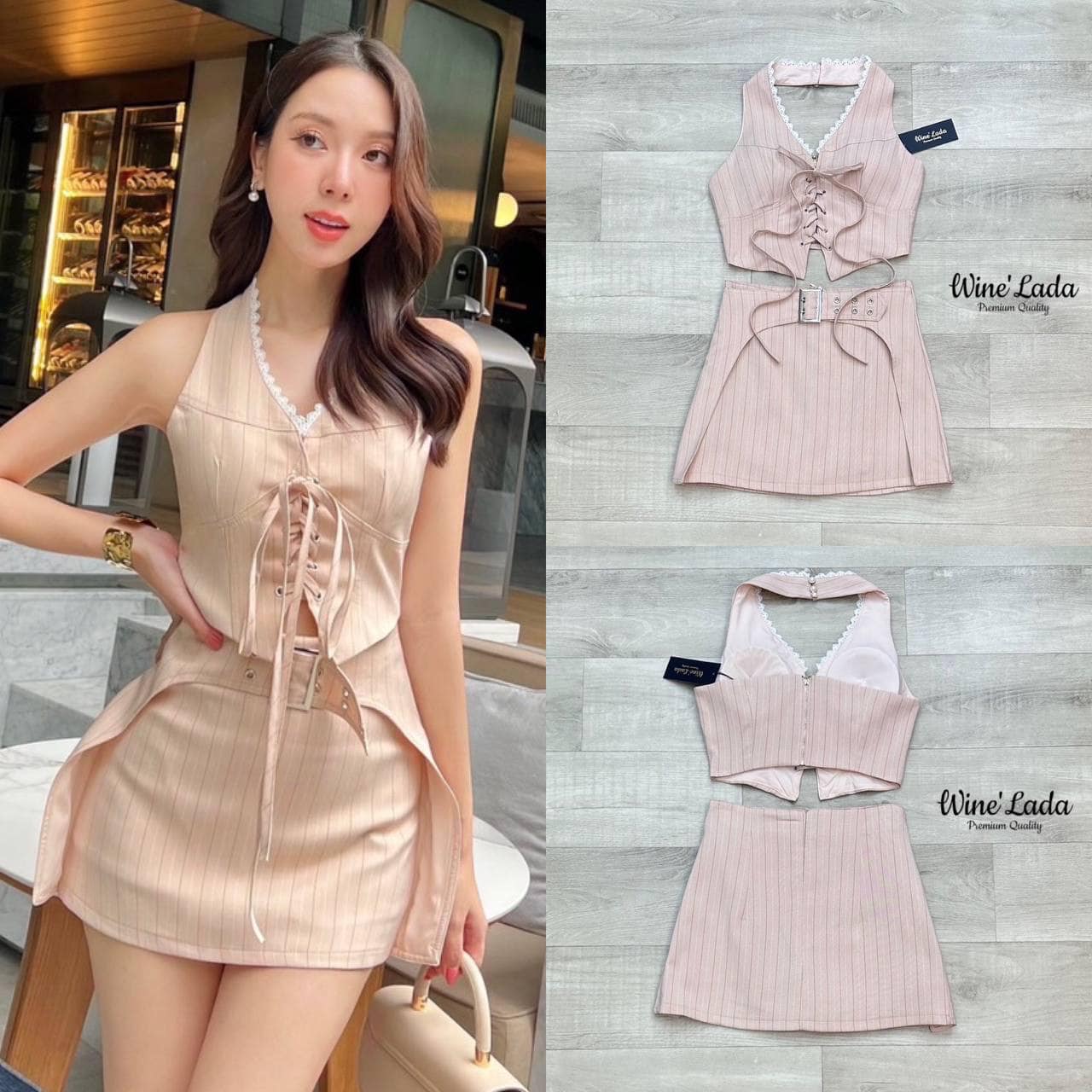 Set 2 Pcs. เซ็ทเสื้อคล้องคอแต่งขลิบผ้าลูกไม้ น่ารักมากค่ะ มาพร้อมกับกระโปรงเข้าเซ็ท กระโปรงมีซับ ในกางเกง มีเข็มขัดสำเร็จ ใส่สบาย : สินค้าคุณภาพ (พร้อมส่ง)