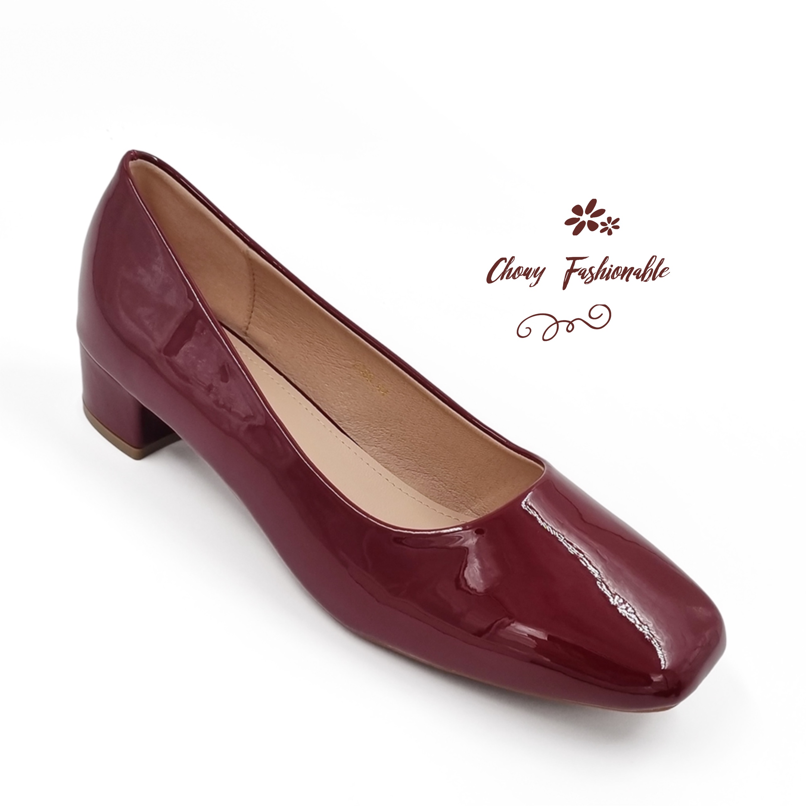 รองเท้าไซส์ใหญ่ 42-43 EU ไซส์ยุโรป ส้นเตี้ยไซส์ใหญ่ หัวตัดเหลี่ยม สีไวน์แดง Chowy KR1068WD