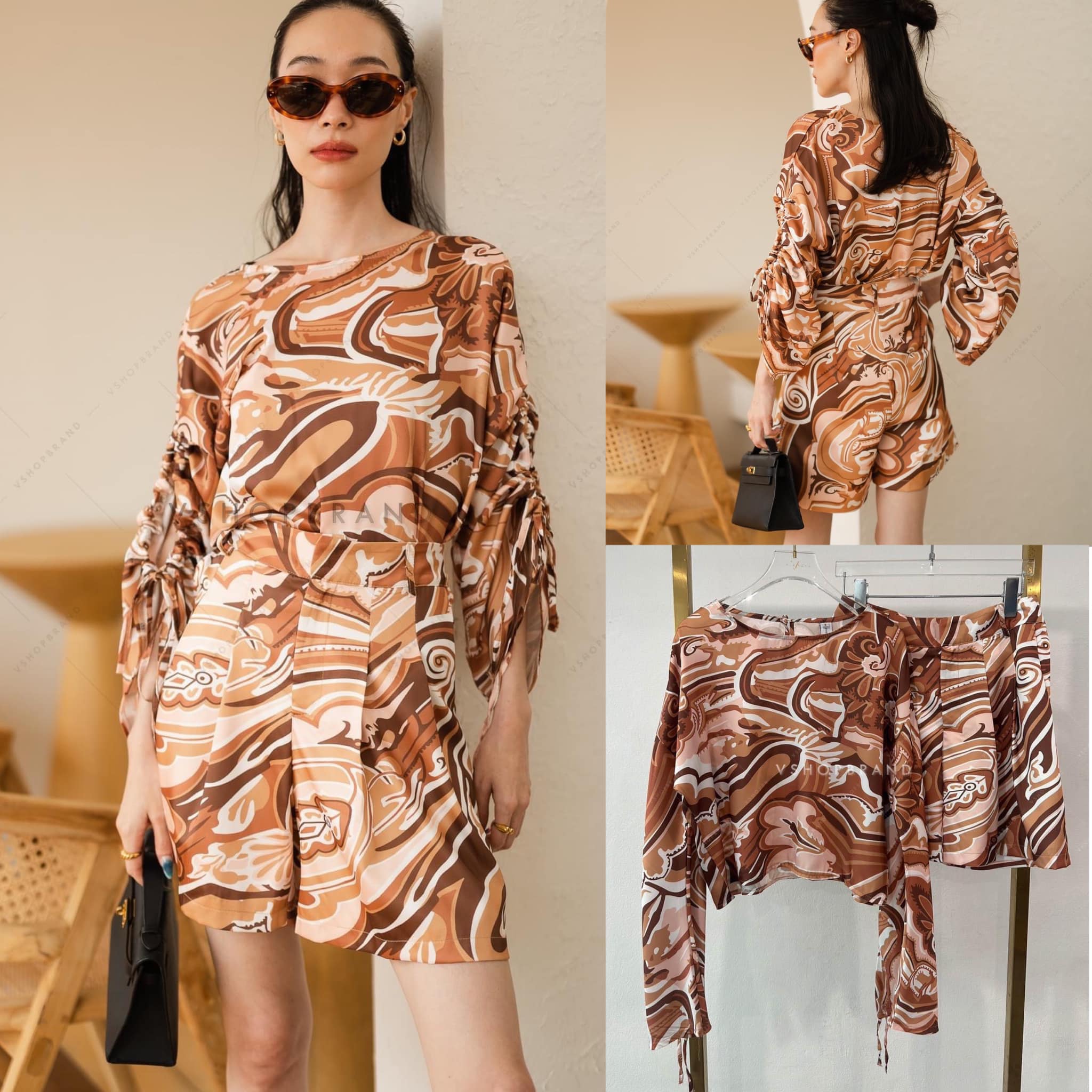 Set เสื้อผ่าแขนลายตัดจ้าน + กางเกงขาสั้นจับจีบหน้า สินค้าคุณภาพ (พร้อมส่ง)