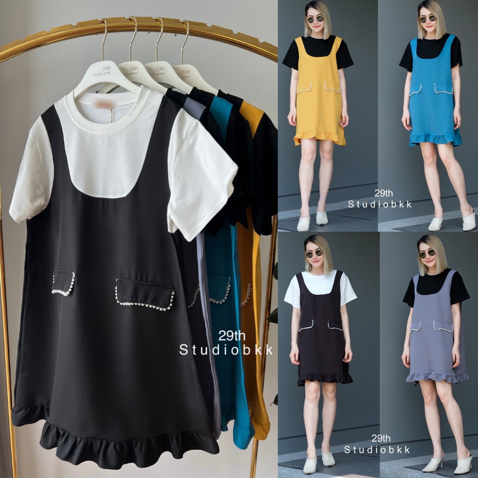 มินิเดรสแขนสั้น ผ้าคอตตอนเนื้อนิ่ม เนื้อผ้าใส่สบาย ตัดต่อผ้าสีพื้นเป็นลายเอี้ยม เย็บติดกันเป็นชุดเดียว สินค้าคุณภาพ (พร้อมส่ง)