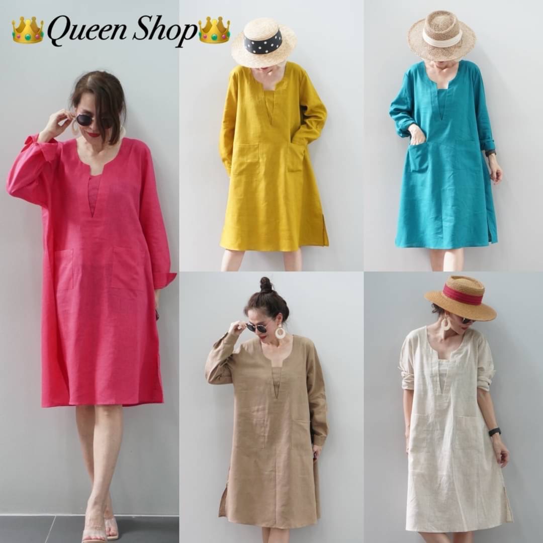 เดรสลินินแท้💯คอวีแขนยาว ทรงสวย ใส่สบาย สินค้าคุณภาพ (พร้อมส่ง)