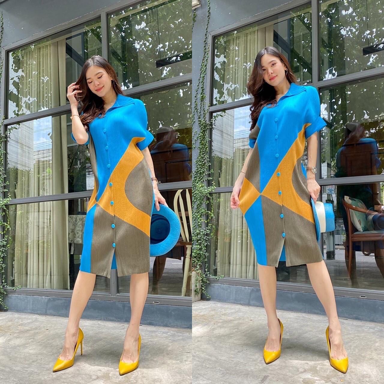 เดรสพลีทตัวยาวคอปกใหญ่ อัดพลีท 100% เนื้อเดียวกับงาน Brand งาน เกาหลีแท้ 🇰🇷 สวย High Quality สินค้าคุณภาพ (พร้อมส่ง)