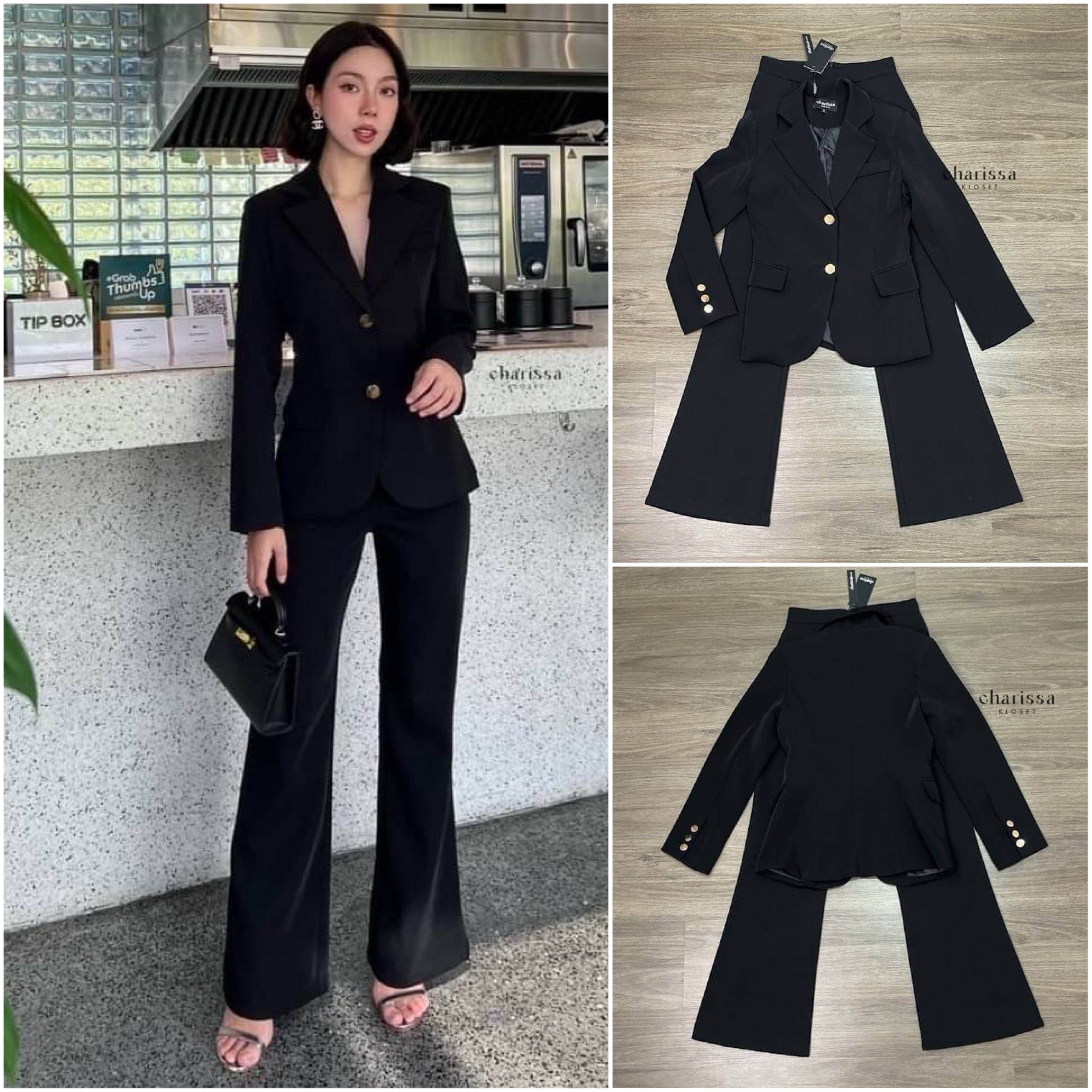 set suit เสื้อ+กางเกง ตัวเสื้อแต่ฃกระดุมทอง 2 เม็ดติดได้จริง กระเป๋าจริง มีซับในทั้งตัวค่ ะ ปลายแขนเสื้อแต่งกระดุม มาพร้อมกับกางเกงขาบานปลายเล็กน้อยทรงflare ซิปหลัง สินค้าคุณภาพ (พร้อมส่ง)