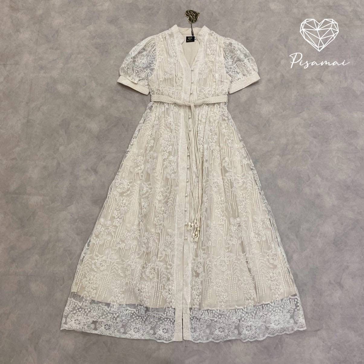 เดรสสีครีมงานฉลุลูกไม้ตัวยาวมาพร้อมเชือกเข้าเซ็ต งานบุญ งานบวช ใส่ได้ทุกโอกาส ใส่สบาย : สินค้าคุณภาพ (พร้อมส่ง)