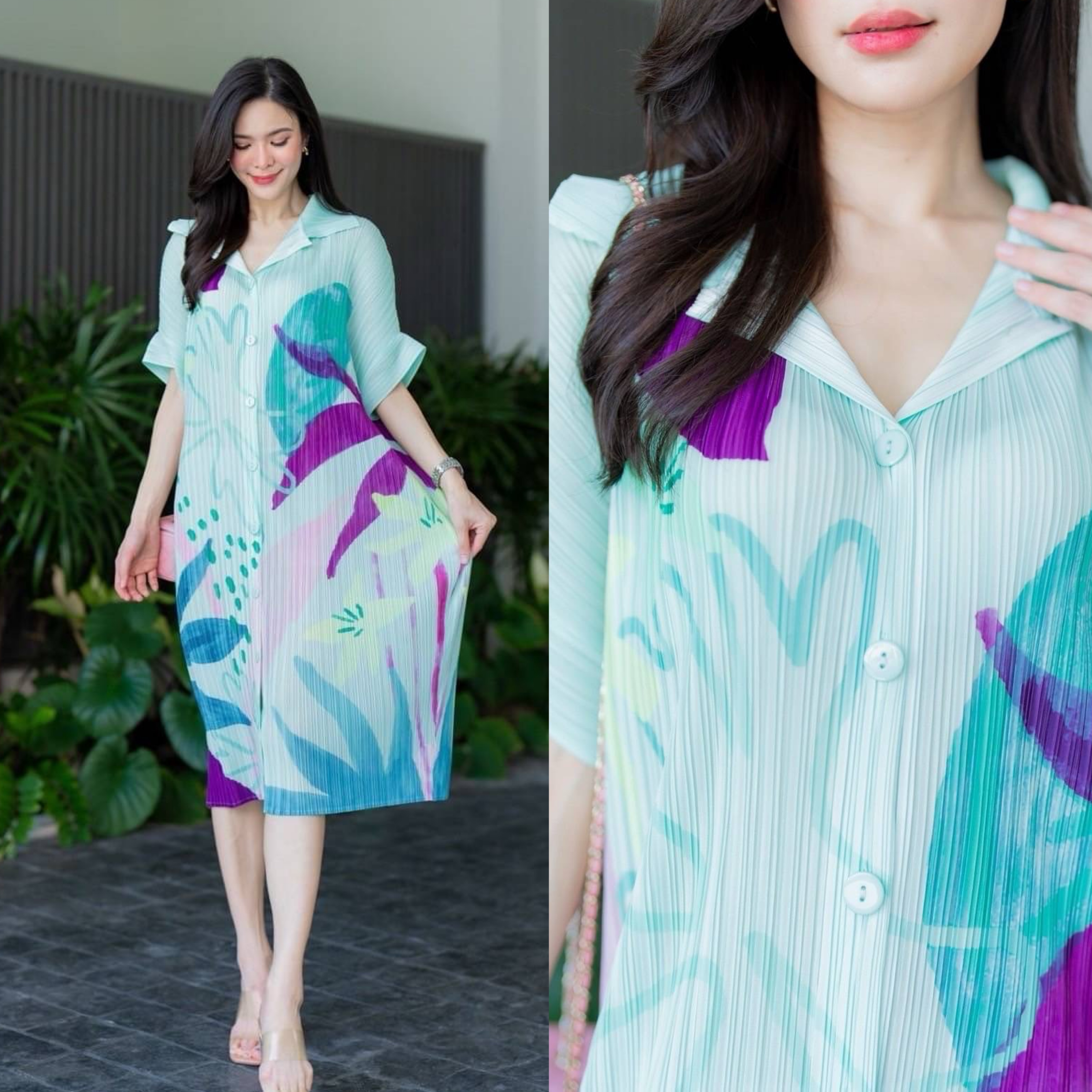 เดรสพลีทตัวยาวคอปกใหญ่ ทรงไหล่ล้ำ พับแขนเบิ้ล เกร๋กรู๊ดดด งานอัดพลีท 100% พลีท AA Premium ลายกราฟฟิค งานสวย ใส่สบาย : สินค้าคุณภาพ (พร้อมส่ง)