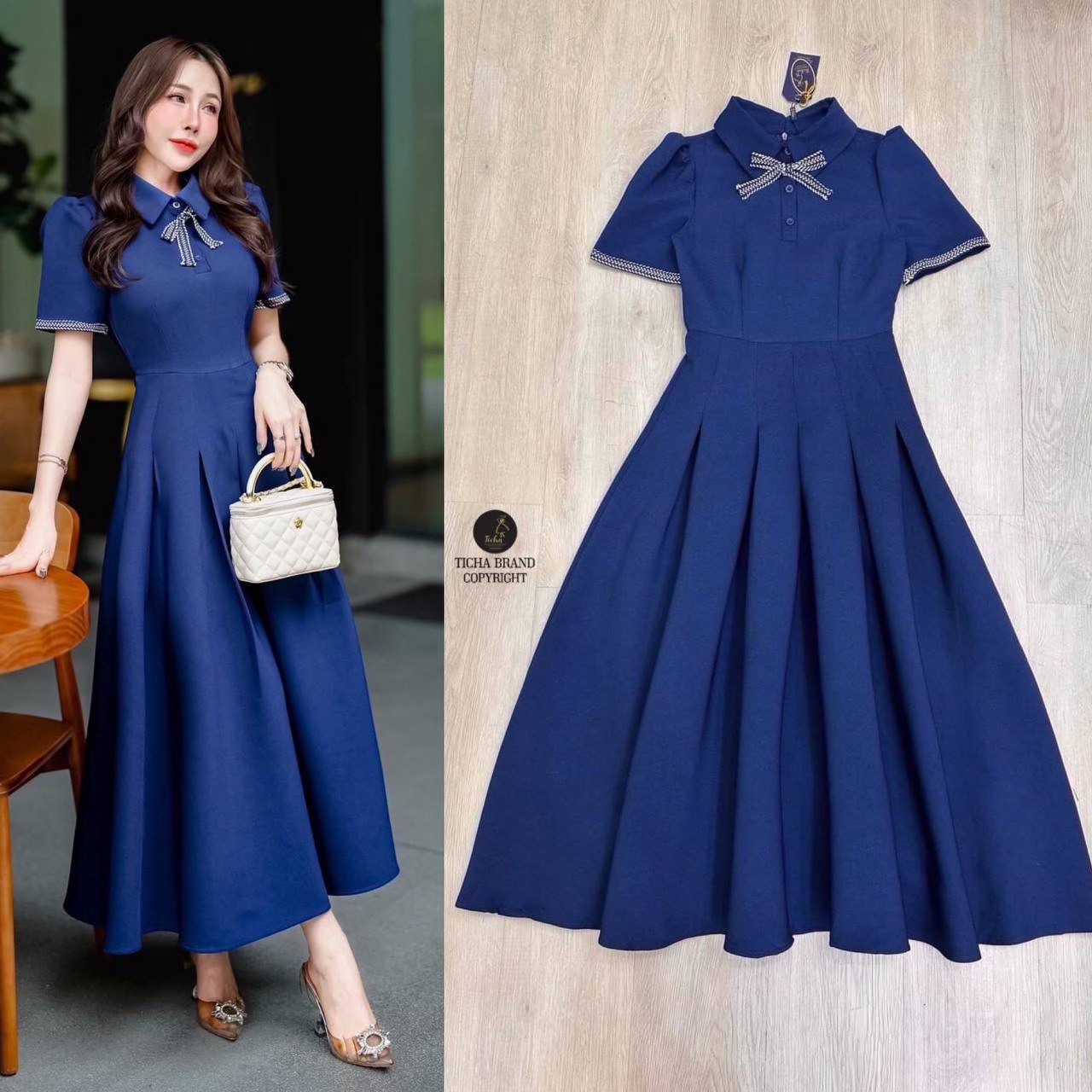 Maxiเดรสคอปกแขนสั้น สีกรม อกแต่งกระดุมใช้งานได้จริงและเย็บติดริบบิ้นโบว์น่ารัก ดีไซน์เย็บแต่งกุ๊นถักเปียสลับสี ช่วงกระโปรงดีเทลเย็บจับจีบคลายๆให้ดูพองสวย (งานซิปหลัง) สินค้าคุณภาพ (พร้อมส่ง)